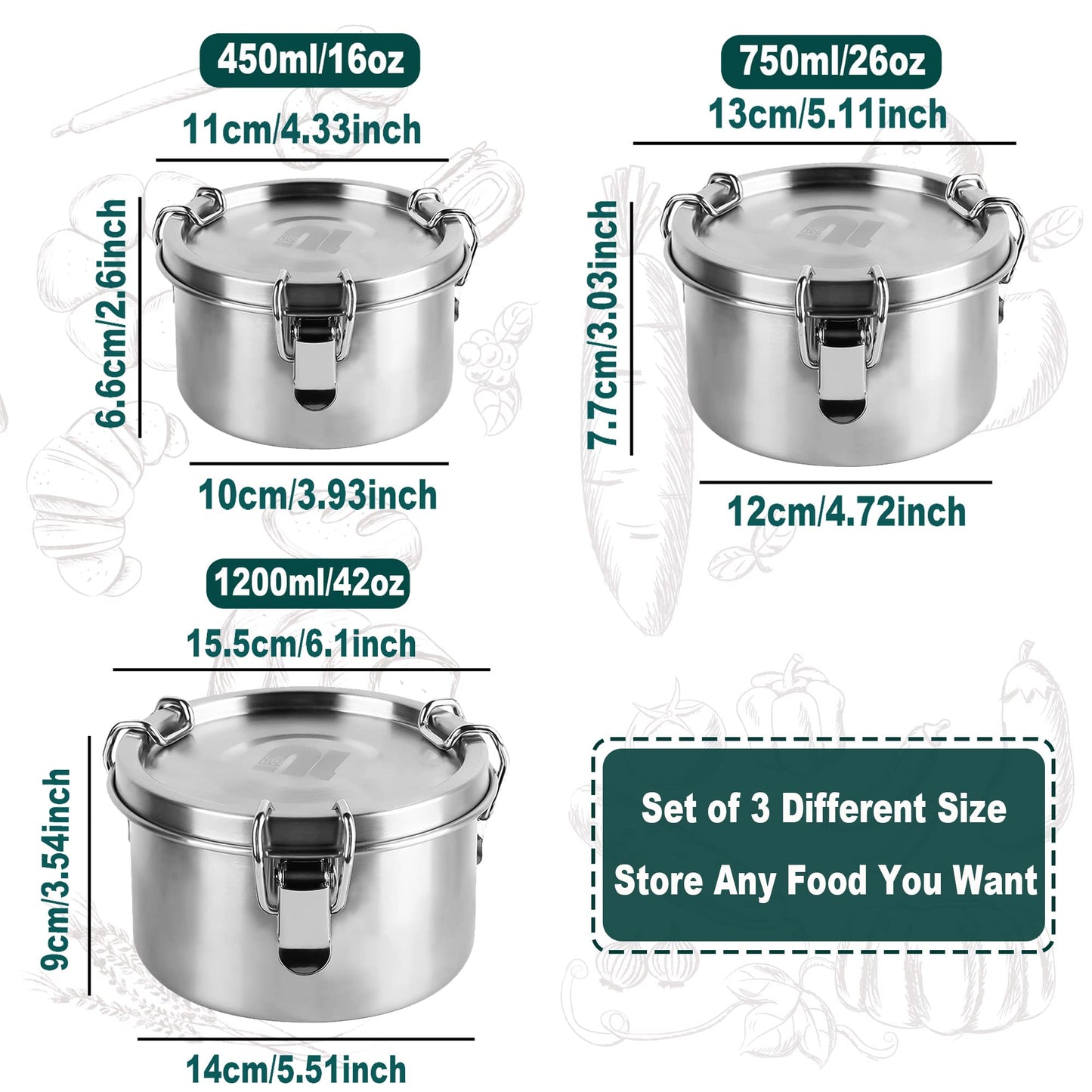 nicelock Stainless Steel Food Containers with Airtight Lid Set of 3 Leak Proof Metal Lunch Bento Box for Kids Student Women Reusable Stackable Kitchen