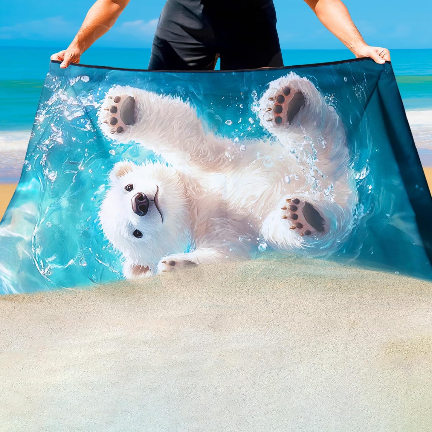Violetpos Polar Bear Cub Beach Towel, Extra Large 180x90 cm 250GSM Microfibre, Sand Free Quick Dry