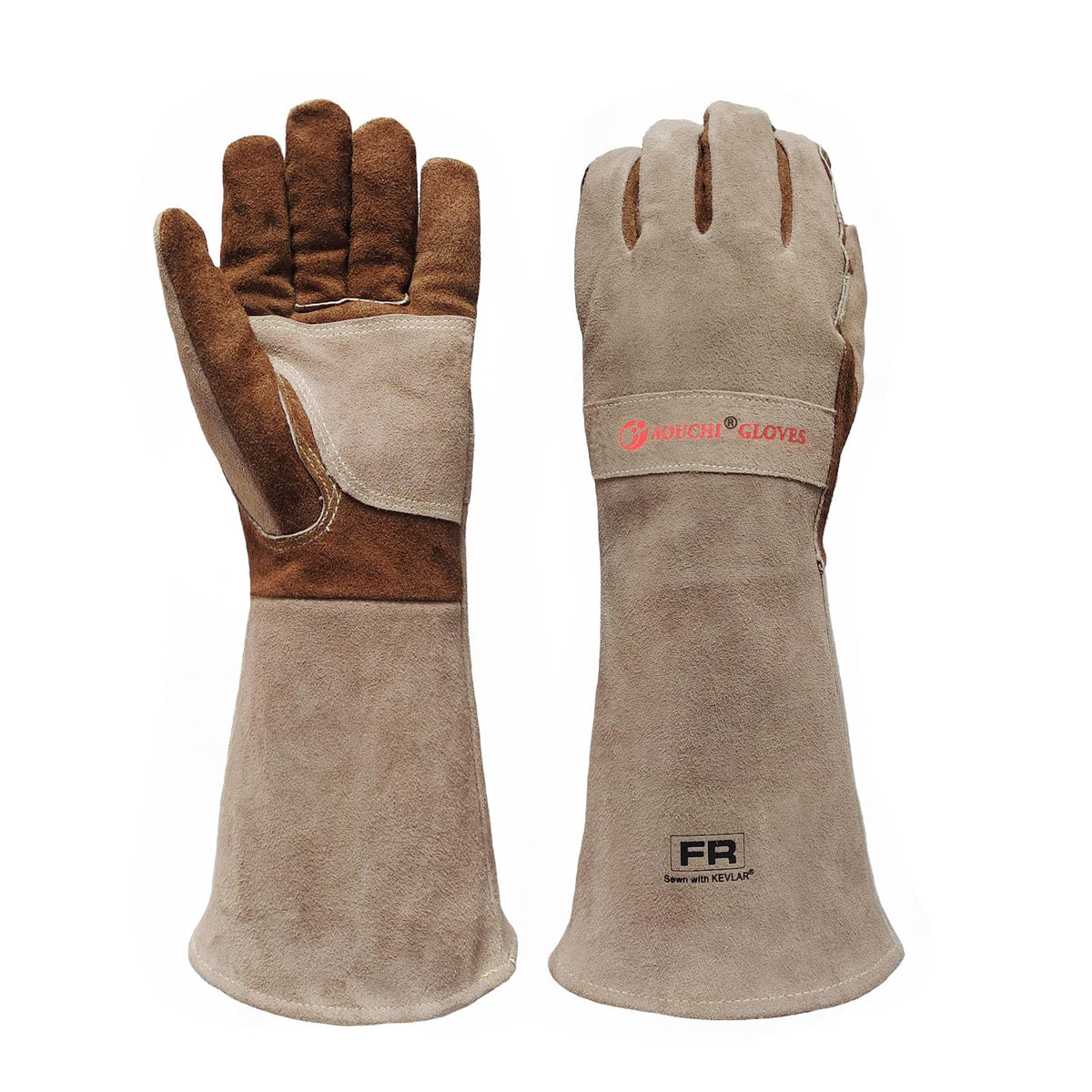 AOUCHI Leather Welding BBQ Fire Gloves, Fireproof Heat-Resistant Long Sleeve Mitts for TIG/MIG, Log Wood Burners, Firefighting, Barbecue, Fireplace,