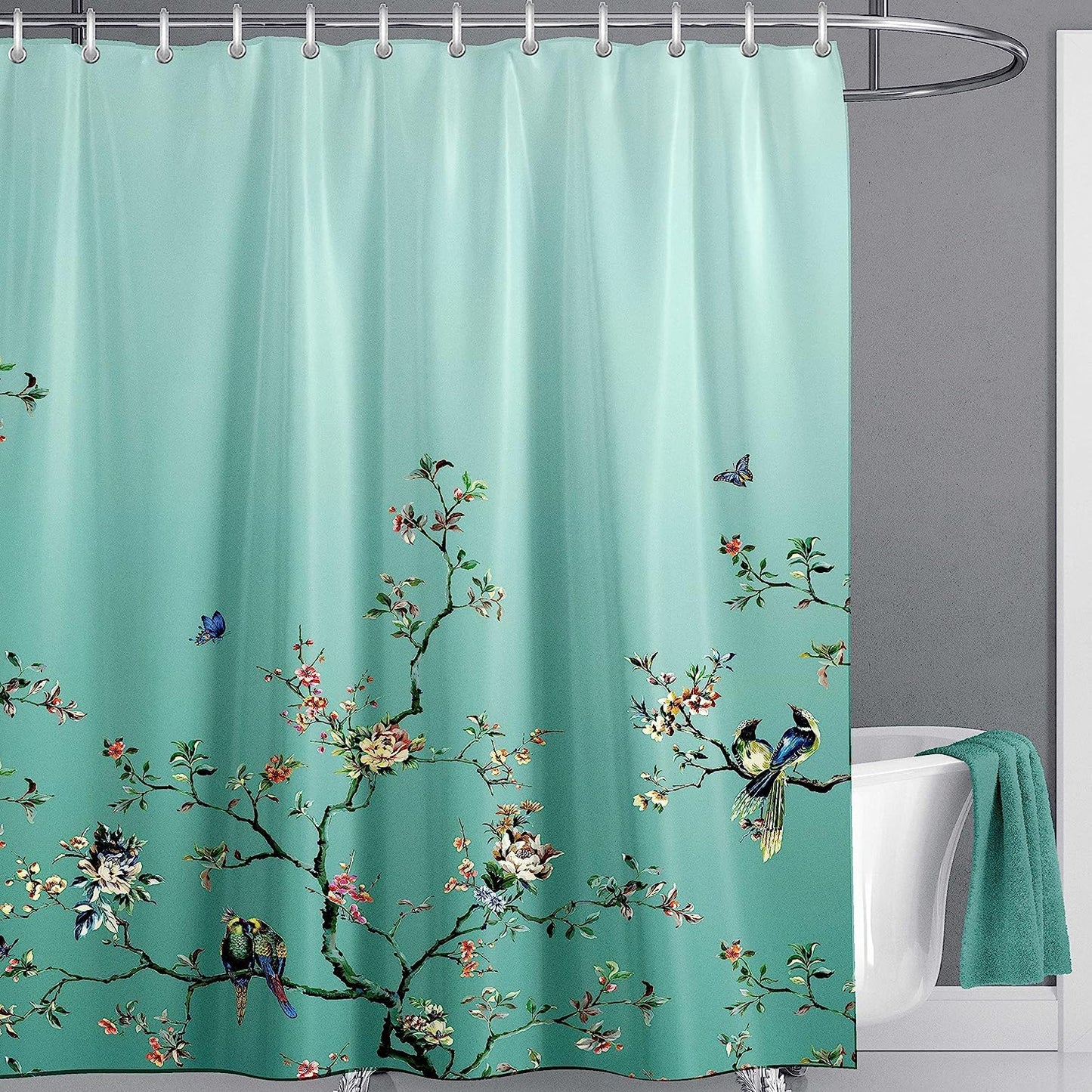 LIVETTY Ombre Green Bird Extra Long Shower Curtain 180cm ? 210cm Drop Floral Butterfly Fabric Bathroom Mould Proof Spring Washable Shower Curtain With