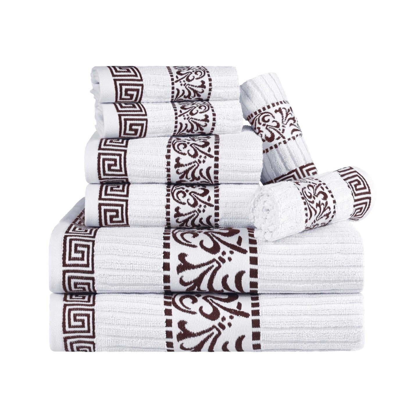 Superior 8 Piece Cotton Towel Set, Highly-Absorbent Plush Decorative Bohemian, Greek Key Trim Jacquard Dobby Border, Face Towels 13” x 13”