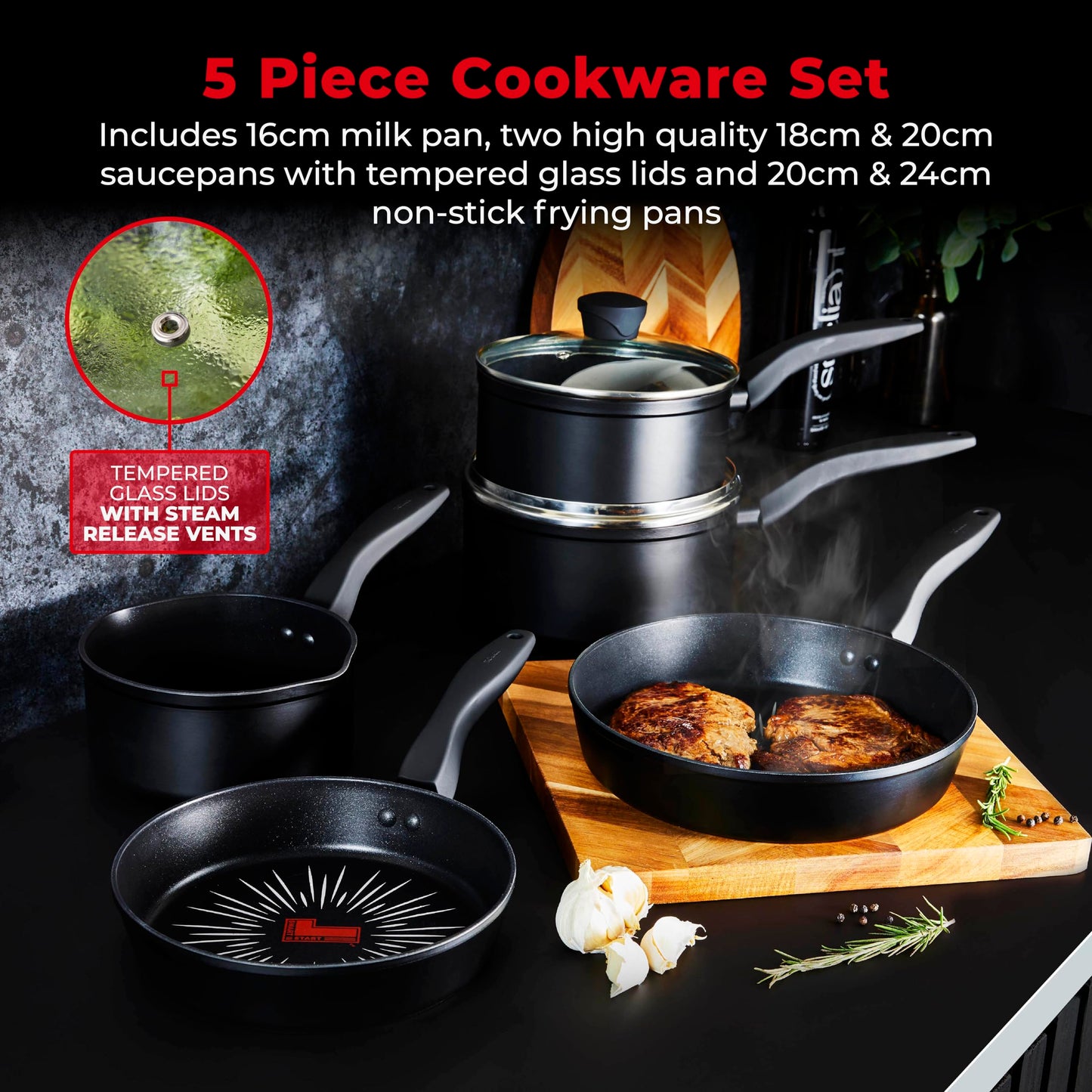 Tower T800304 SmartStart Forged 5 Piece Cookware Set with Easy Clean Aeroglide Non-Stick Coating, 8X Stronger, Oven Safe, Long Lasting, PFOA Free,