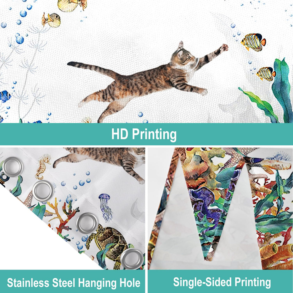 GCIREC Shower Curtain, 180x180cm, Abstract Cute Cat Funny Kitten Swimming in Ocean Tropical Sea Turtle Starfish Waterproof Fabric Machine Washable