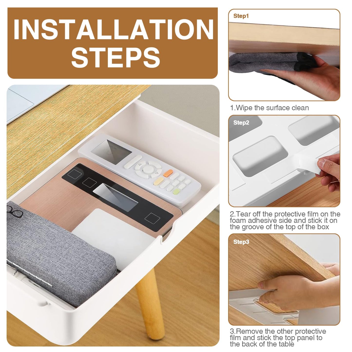 ECVUKQ Under Desk Drawer, 33 × 23 × 8.5cm Under Desk Storage Self-Stick Table Organiser Hidden Under-Shelf Drawer for Office Home School Large Size