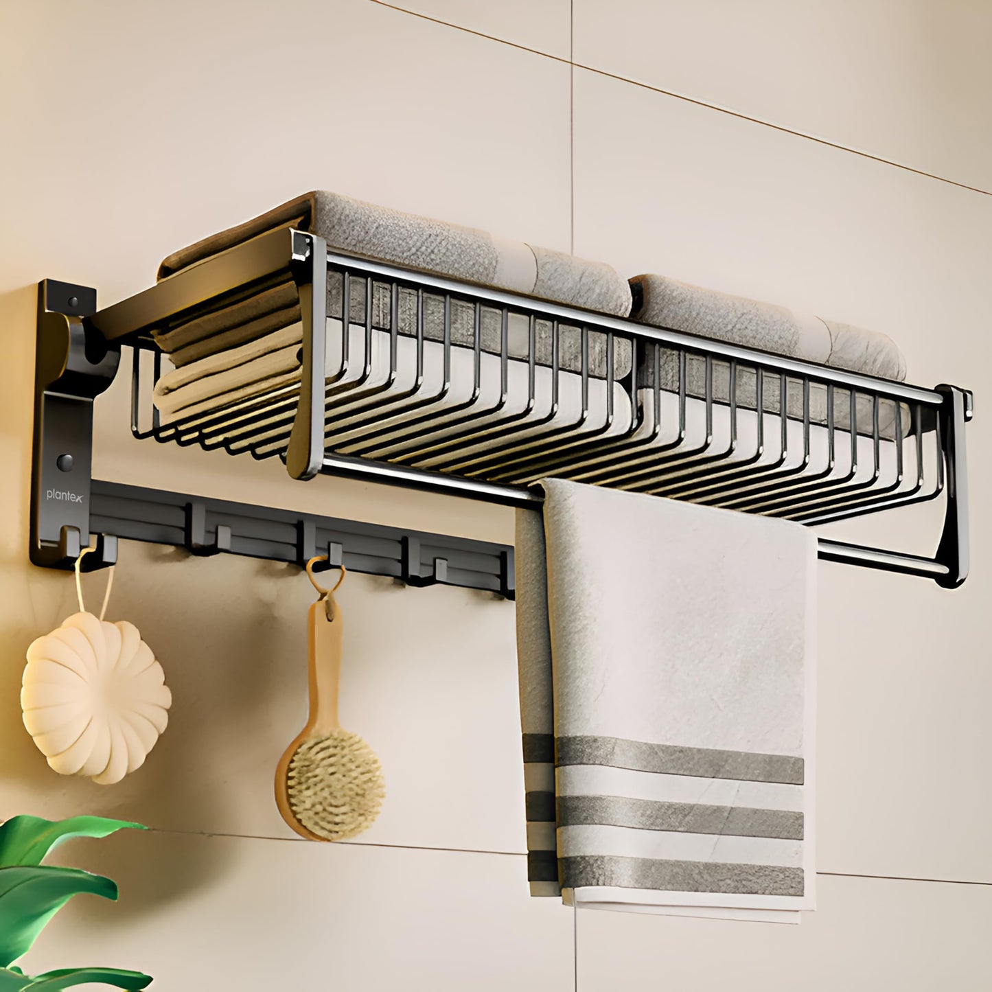 Plantex Aluminum Folding Towel Holder Rack for Bathroom, Rod with Hooks and Accessories, Black, 24 inches