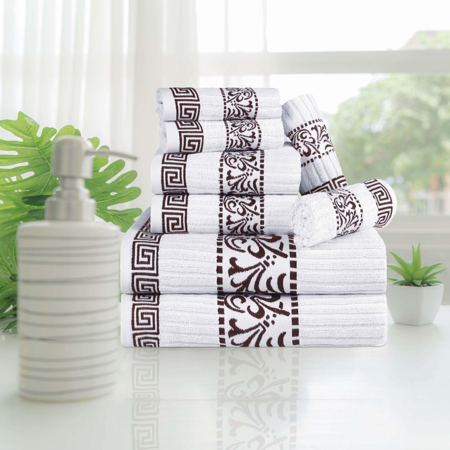 Superior 8 Piece Cotton Towel Set, Highly-Absorbent Plush Decorative Bohemian, Greek Key Trim Jacquard Dobby Border, Face Towels 13” x 13”