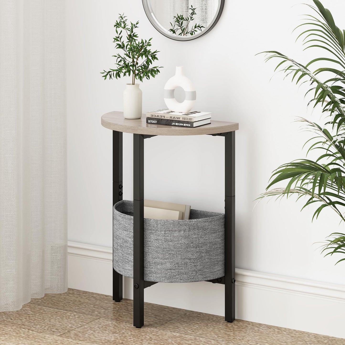 Vagusicc Side Table, Round End Table with Fabric Basket, Small Coffee Table, Set of 2 Half Moon Entry Table, Accent Table Bedside Table