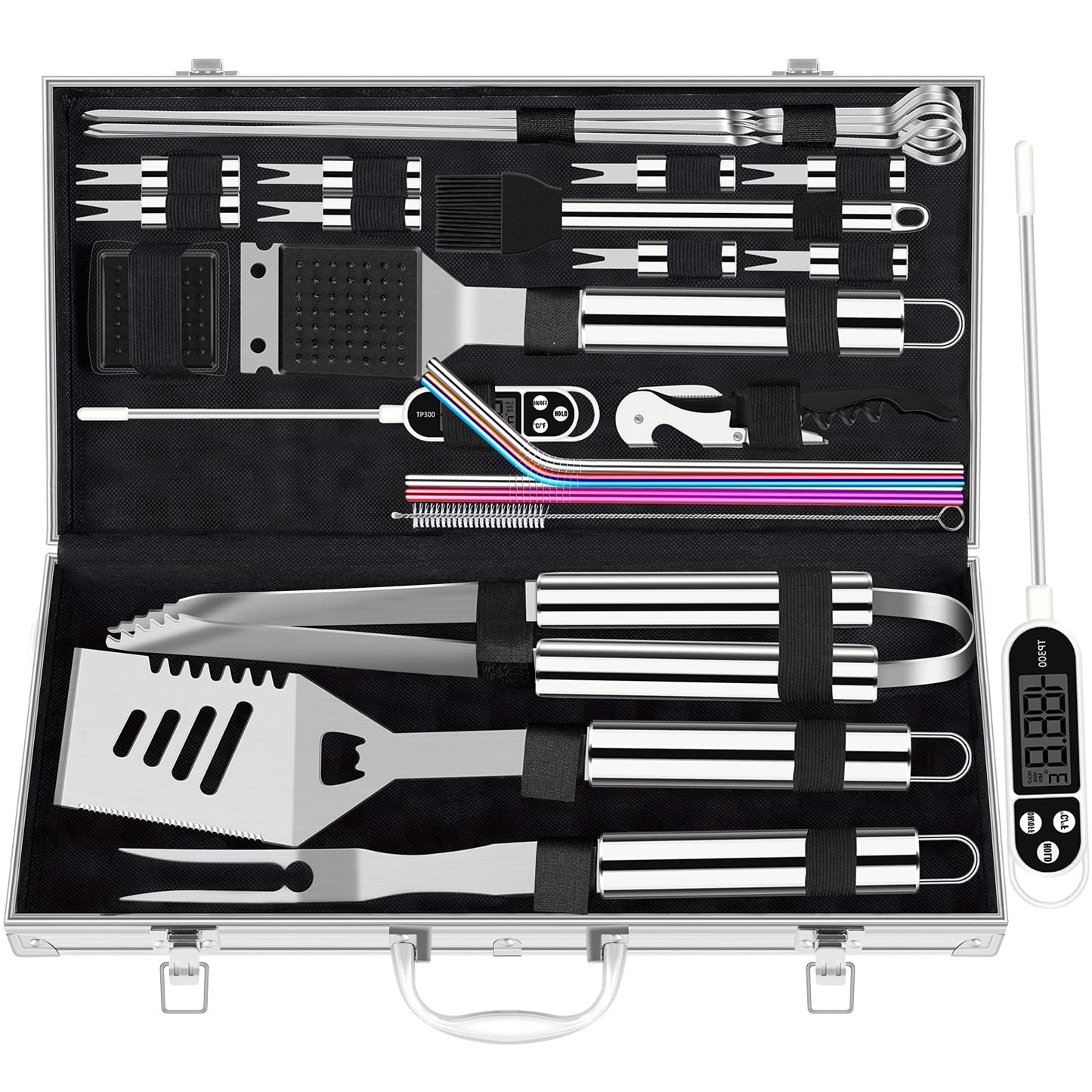 ROMANTICIST 26pcs Extra Thick Stainless Steel Grill Tool Set for Men, Heavy Duty Grilling Accessory Kit for Backyard, BBQ Utensils Gift Set with Meat