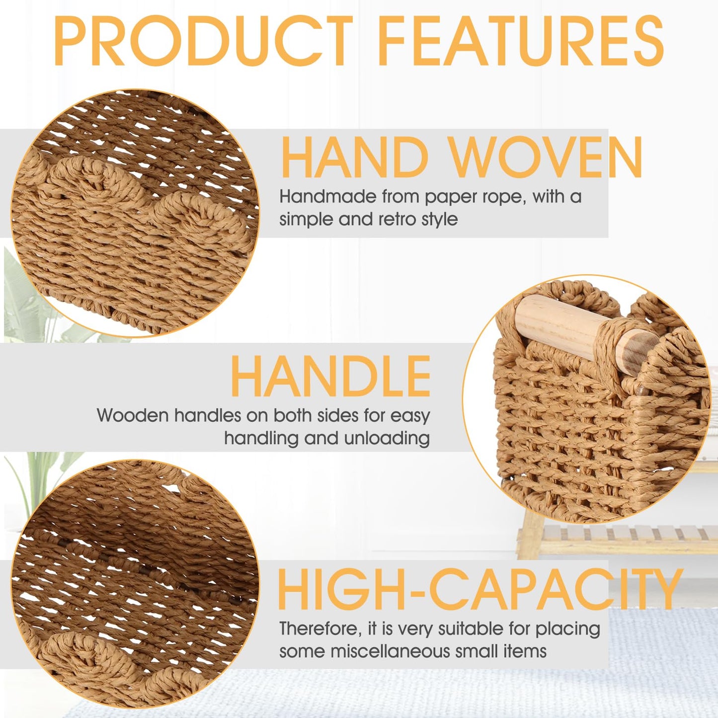 2Pcs Wicker Storage Baskets, Handwoven Organiser Boxes with Wooden Handles, Versatile Woven Bins for Bathroom, Kitchen, Pantry