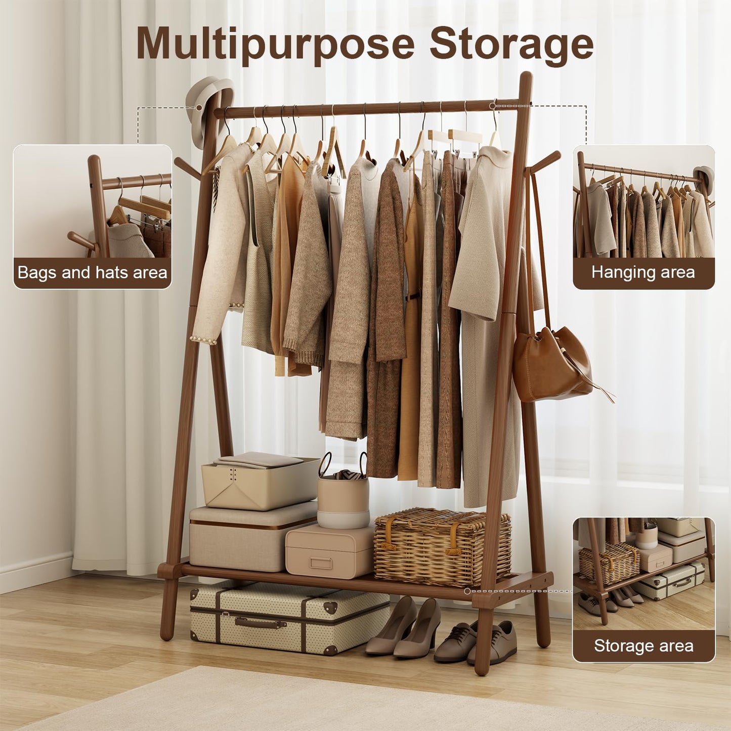 AQIMUELE Clothes Rail, Clothes Rack with Shelf and Hook, Sturdy and Portable, Garment Rack for Hanging Clothes, Coats, Skirts, Shoes