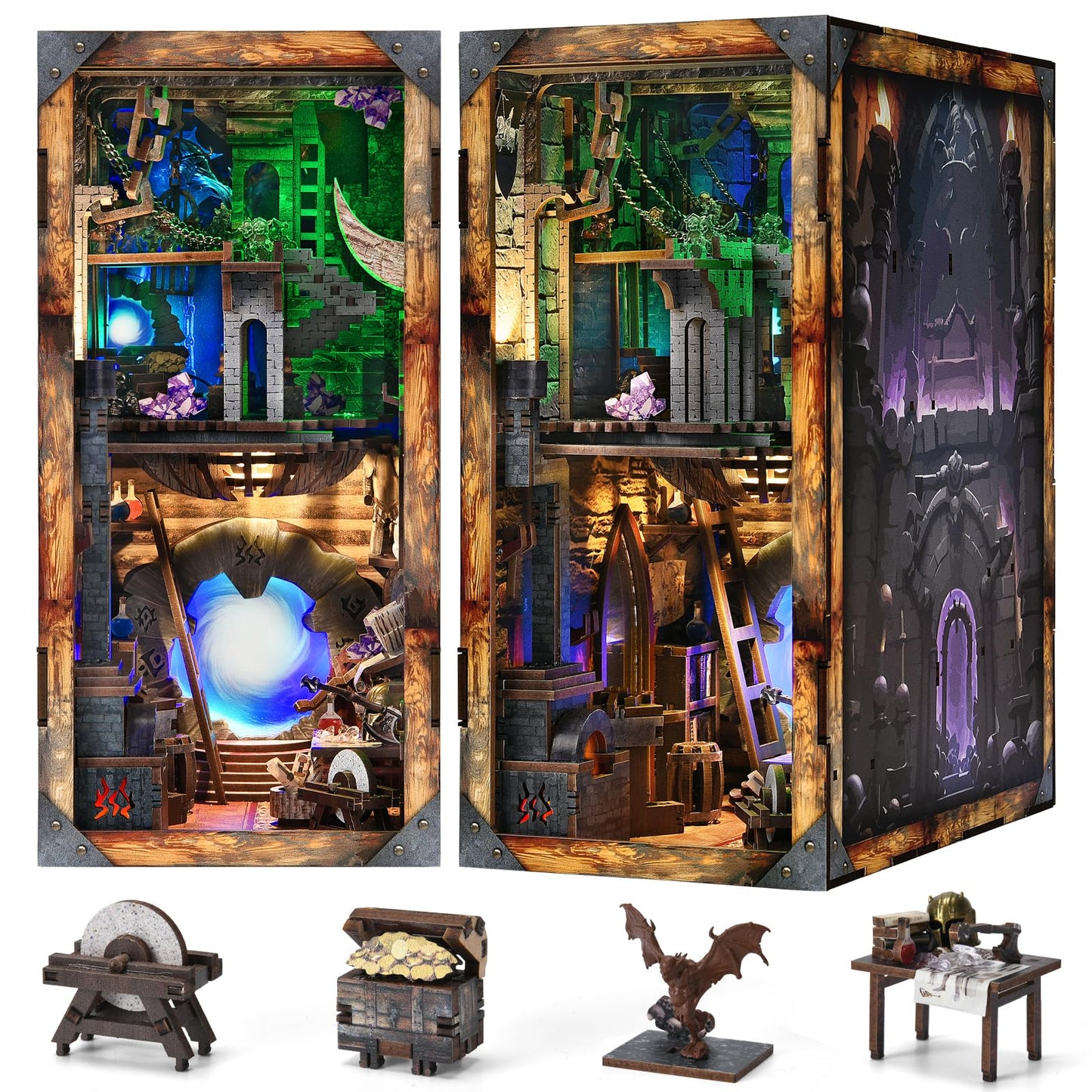 MiniCity Book Nook Kit, DIY Miniature Dollhouse Booknook Kit, 3D Wooden Puzzle Bookend Bookshelf Insert Decor with LED Light for Teens and Adults
