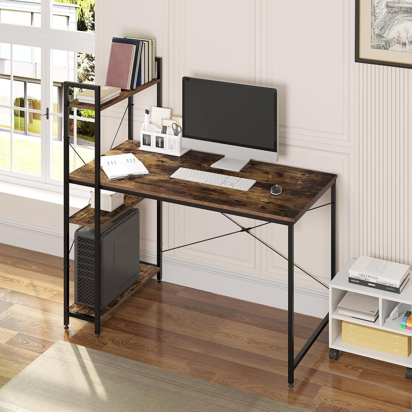 YOBWOK Computer Desk with 4 storage shelves,Writing Desk with Storage Shelves on Left or Right,120x60x72cm Wide Home Office Desk, for Study