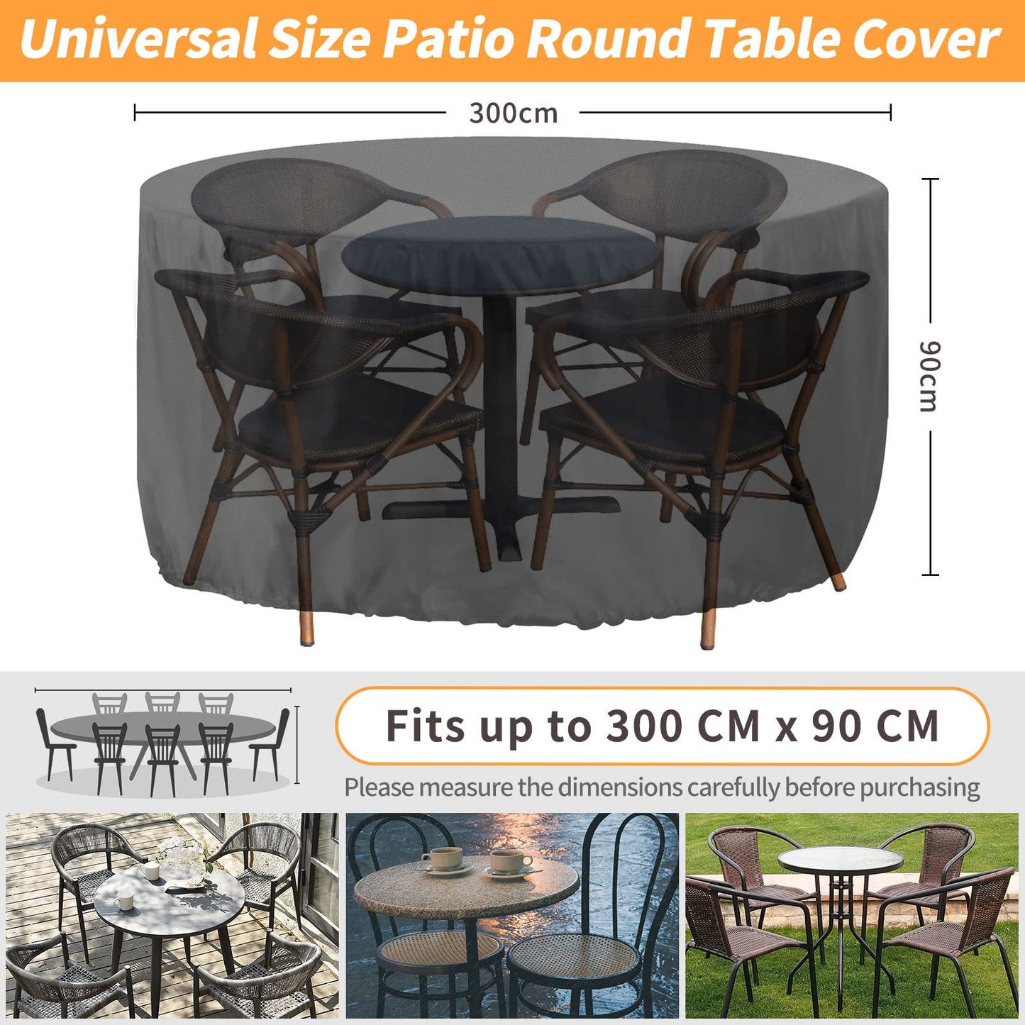 RICHIE Round Garden Furniture Covers Waterproof, Large Round Garden Table Cover 300x90cm, Heavy Duty 420D Outdoor Round Table Cover Windproof, Anti-UV