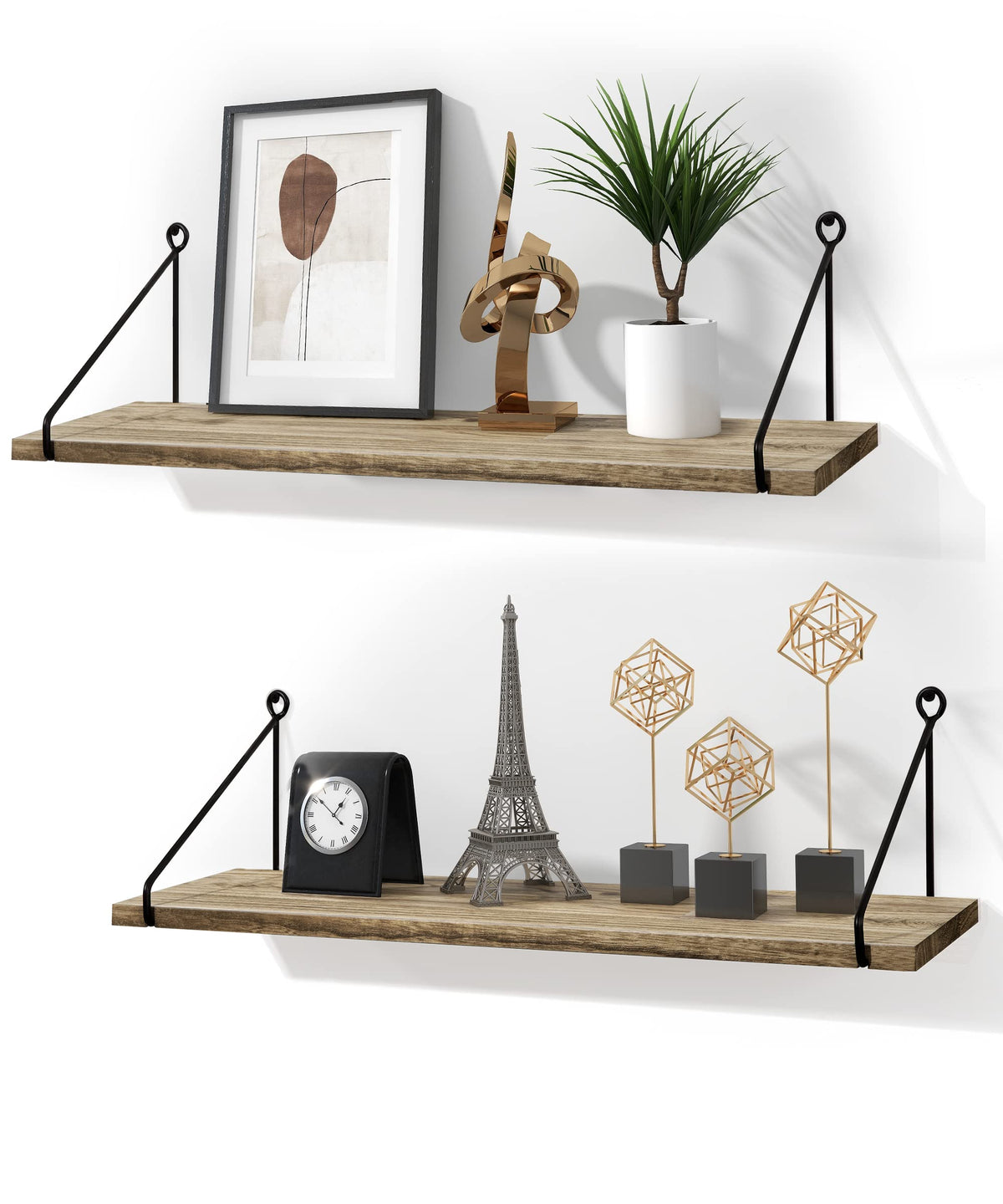 SUMGAR Long Floating Shelves for Wall Rustic Wood Shelf 60CM for Bathroom Kitchen bedroom living room office Wooden Storage Rack Set of 2 With Bracket