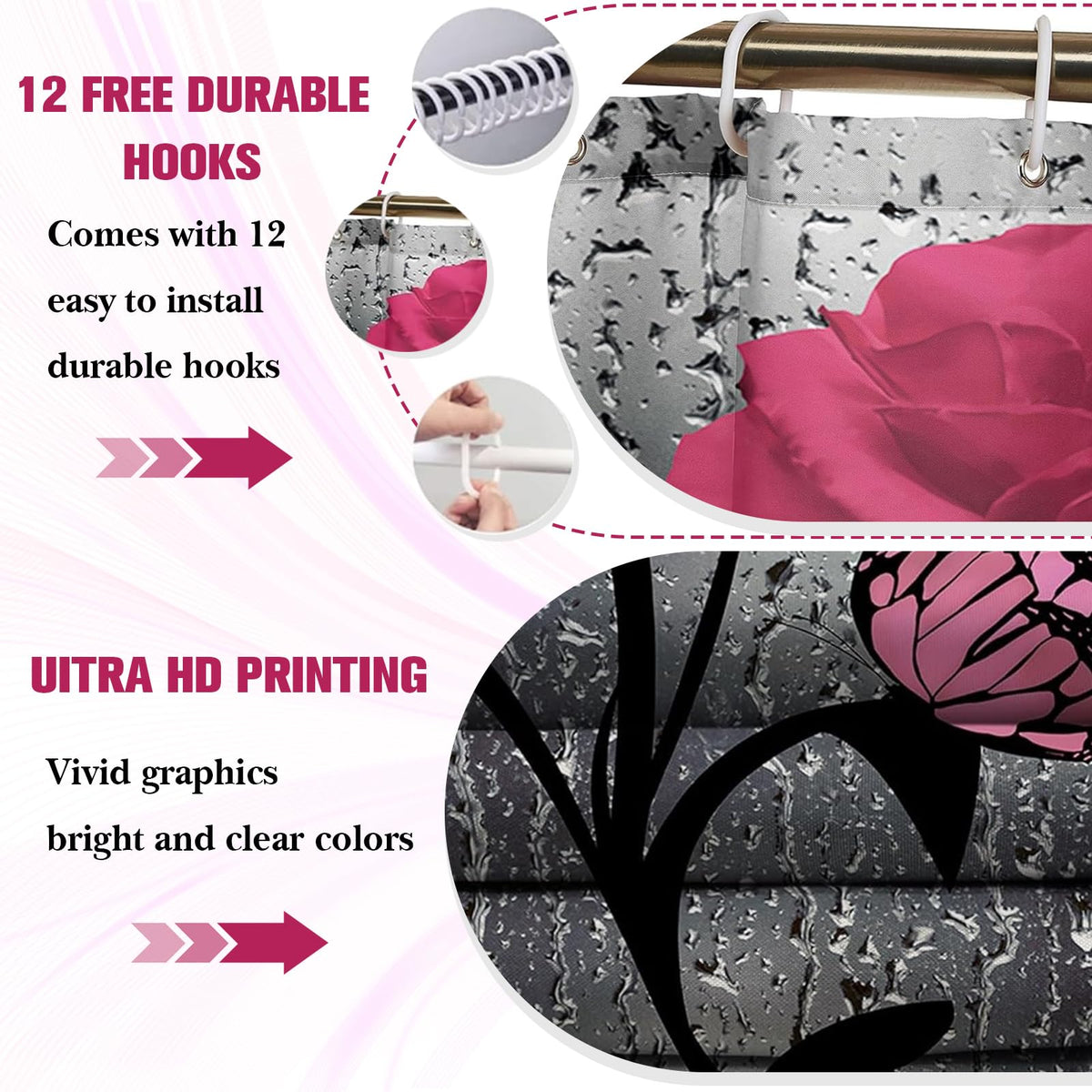 BXFUL 4 Piece Waterproof Shower Curtain Set for Bathroom-Rose-Non-Slip Bath Mat and 12 Hooks,Curtain Set with Rug,Toilet Lid Cover Bathroom