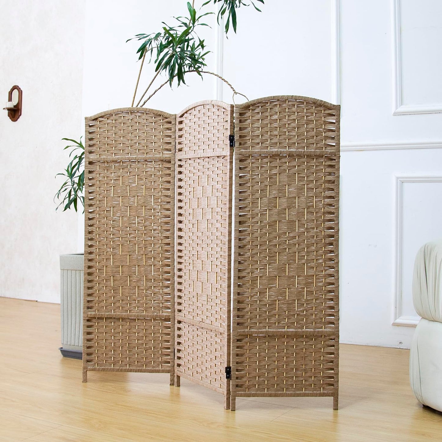 Furnnylane 3 Panel Light Brown Rattan Divider Short Room Partition Screen,Double Sided Short Folding Divider for Room Separation,120 cm Tall
