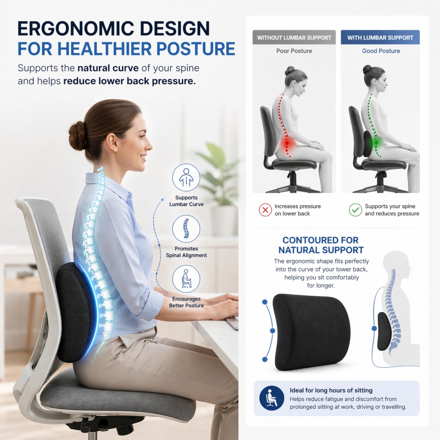 Lumbar Support Pillow for Office Chair & Car | Memory Foam Backrest