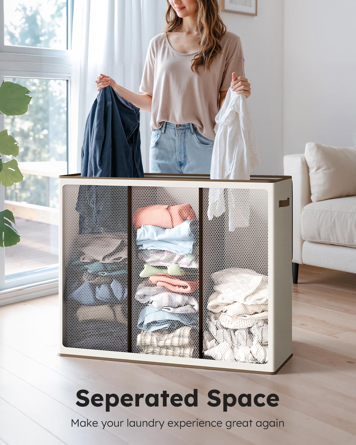 SOLEDI Laundry Basket 3 Compartment with lid and 3 Pcs Laundry Bag Large Hamper 180L, Laundry Basket Laundry sorter Clothes hamper for Laundryroom