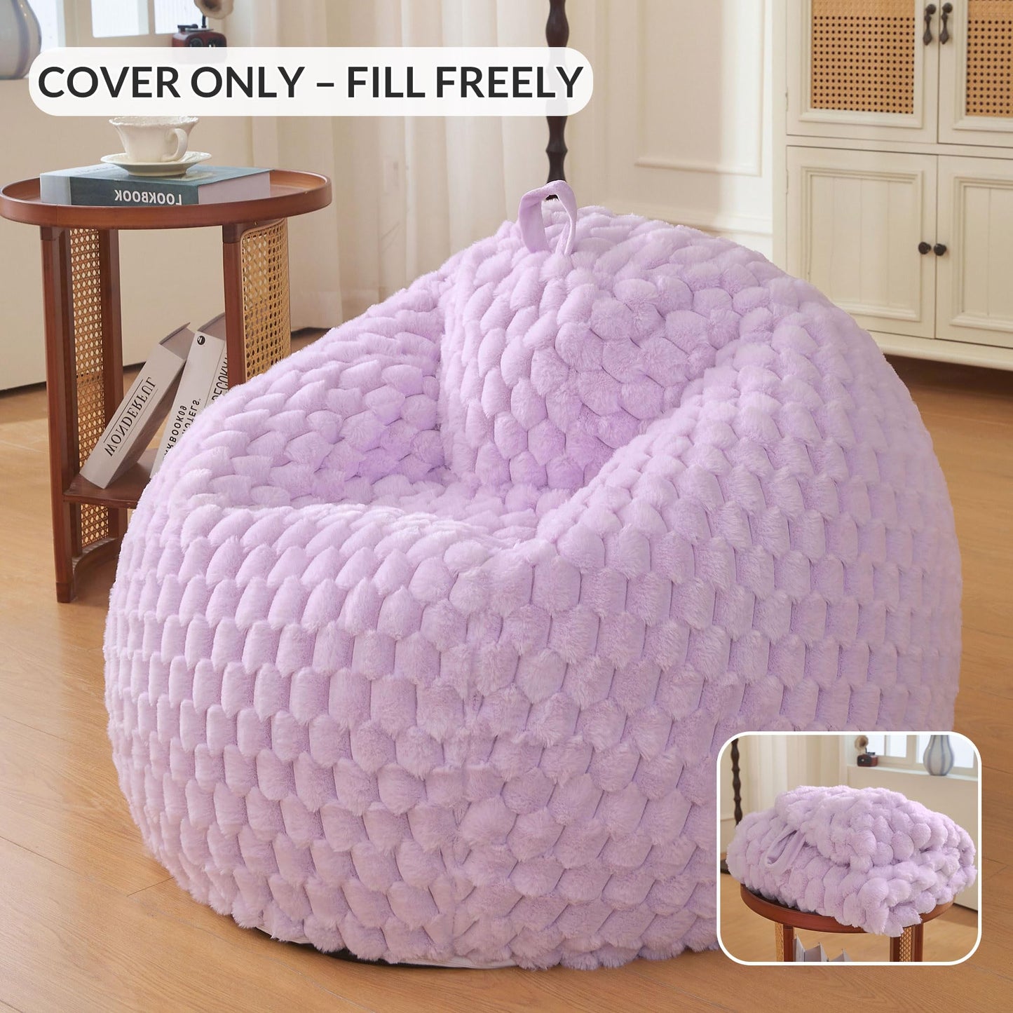 XeGe Bubble Kids Fluffy Faux Rabbit Fur Bean Bag Cover(No Filler), Lavender
