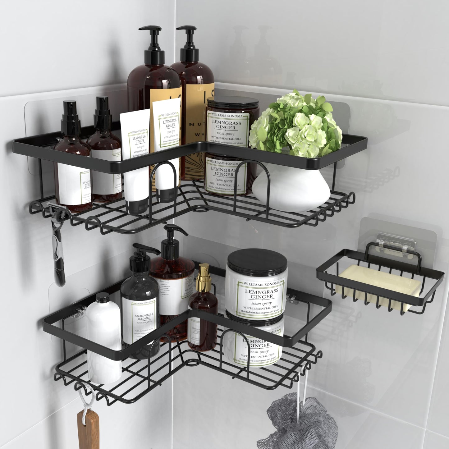 Malajess Corner Shower Caddy 3-Pack, Self Adhesive Wall Mounted Shower Shelf with Soap Holder and Hooks, Large Capacity, No Drilling, Rustproof Shower