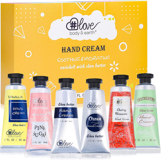 Shea Butter Hand Cream Set- Body & Earth Love Pack of 6 Advanced Repair Hand Cream for Dry Hands, Non-greasy 6 Plant Fragrances, Birthday Gifts for