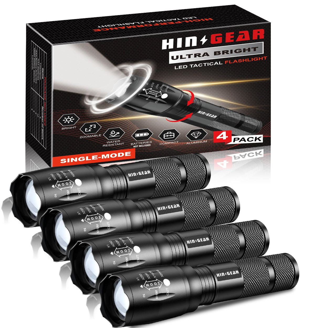 HinsGEAR 1 Mode LED Torch 2000 Lumens Gifts for Men Dad Kids, Zoomable Torches Super Bright Powerful Torches Battery Powered Water Resistant Tactical