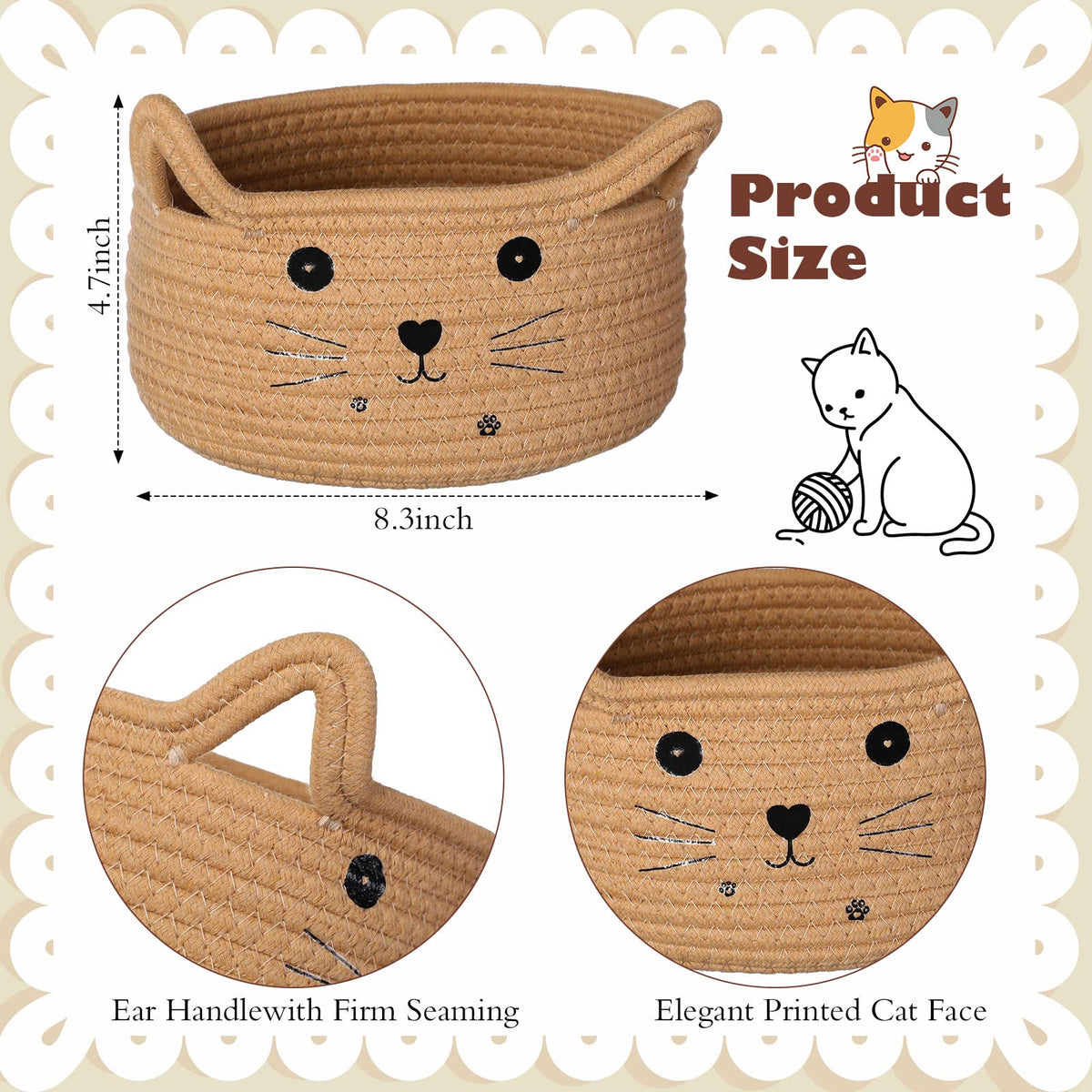 Zopeal Cat Basket Storage Woven Organizer with Ears Easter Decorative Gift Pet Toy Cute Cotton Rope Basket for Gift Cat Dog Toy Bin Nursery Room