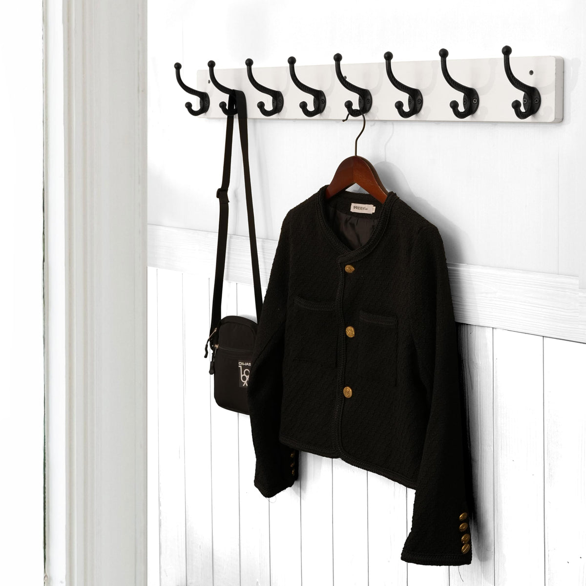 WEBI Rustic Coat Rack Wall Mount Long 8 Cast Iron Coat Hooks Wall Mounted,Heavy Duty Wall Coat Hanger Hooks for Hanging Coats,Clothes,Black on White