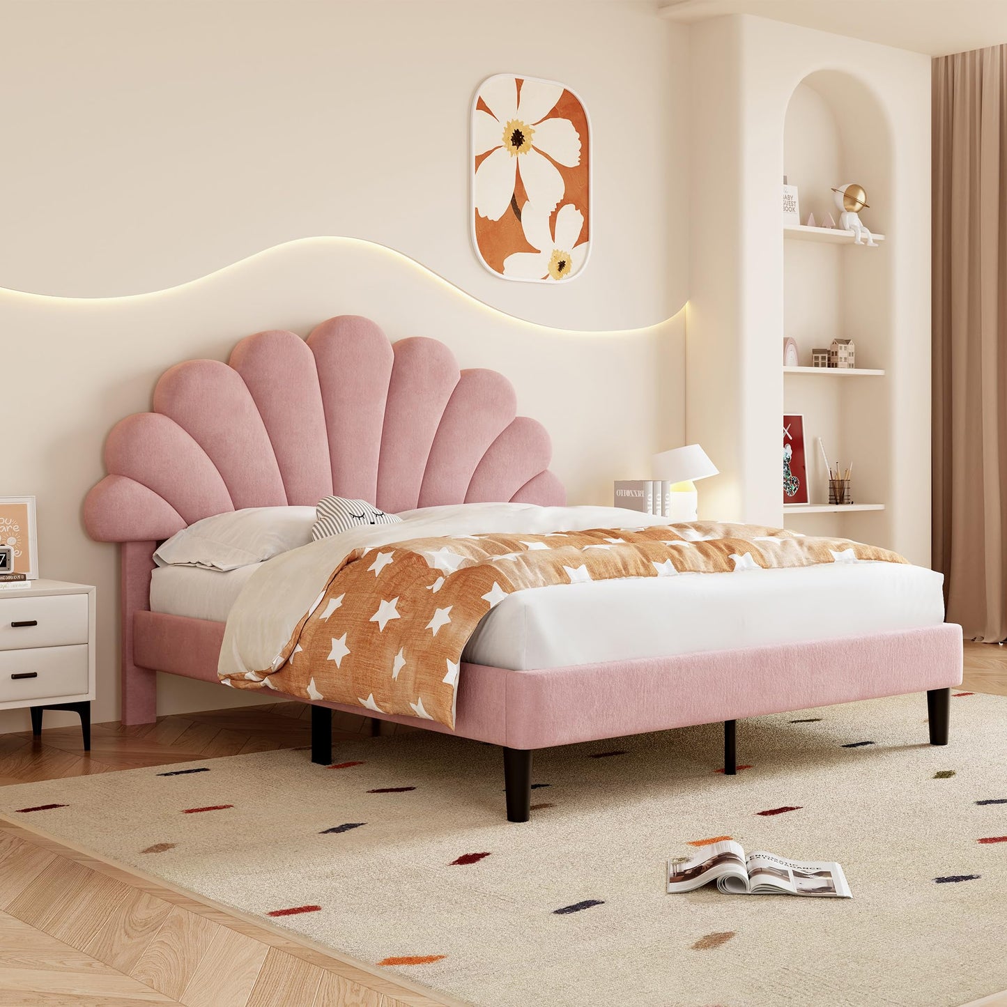 Ball & Cast Double bed frame, 4ft6 Double Upholstered Bed, Adjustable Chic Petal Headboard, Sturdy Wooden Slat Support, Velvet Fabric (No Mattress)