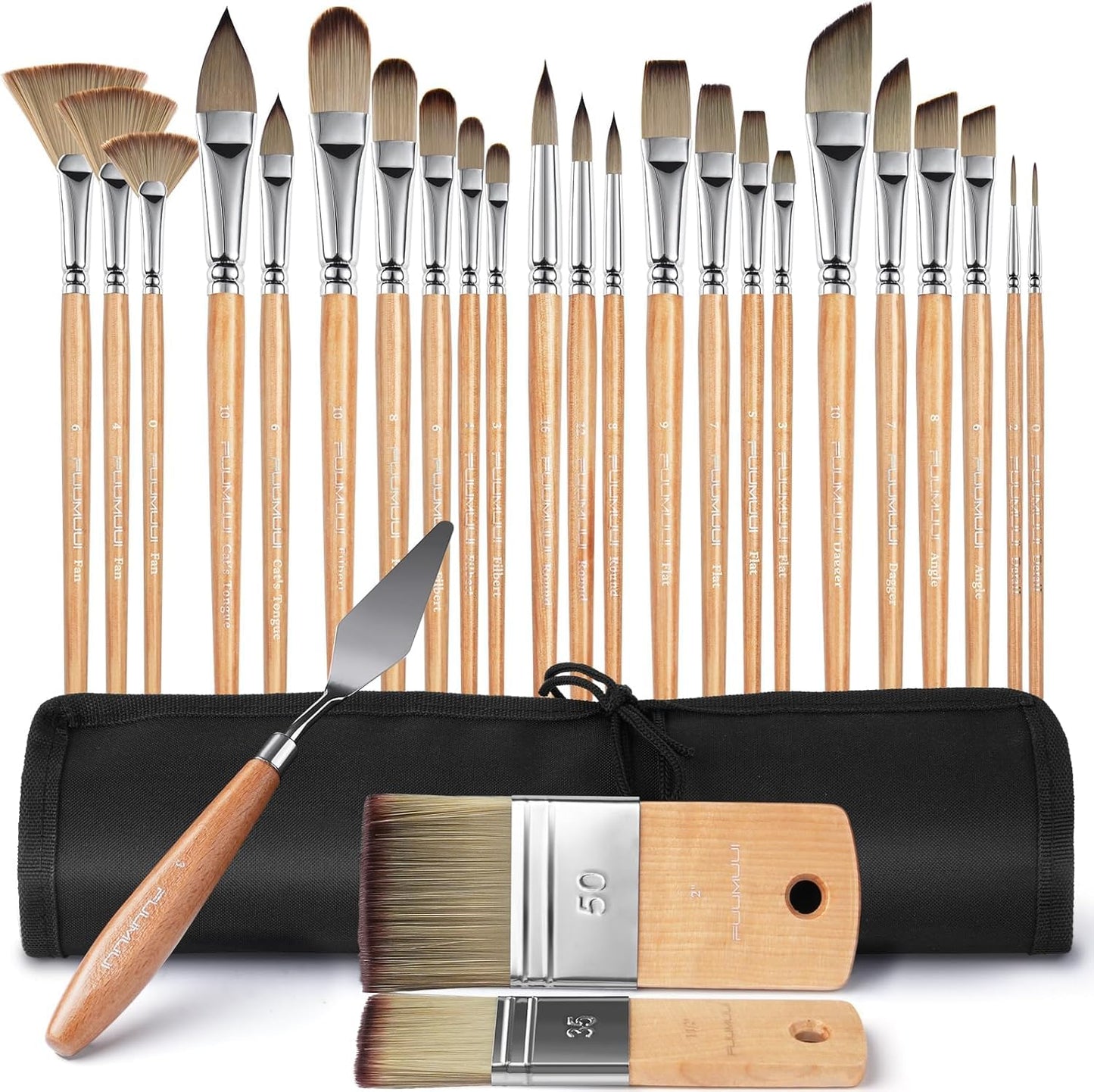 26pcs Paint Brush for Acrylic Painting, Synthetic Bristles with Palette Knife, Short Handle Wide Flat, Filbert, Fan, Dagger, Round, Angle, Rigger