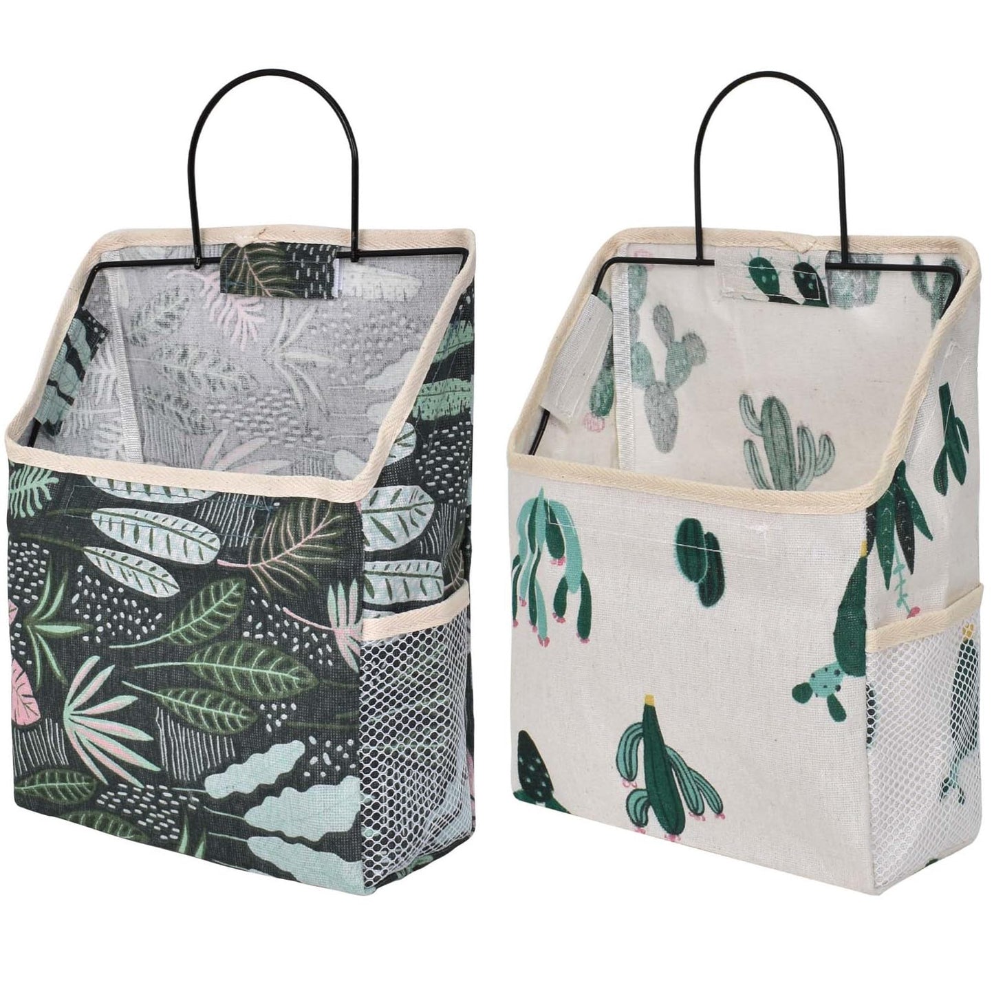 Nramwell 2 PCS Wall Hanging Organiser Bag, Linen Hanging Storage Bag with Hook, Cactus Pattern and Plants Pattern Fabric Baskets for Storage with