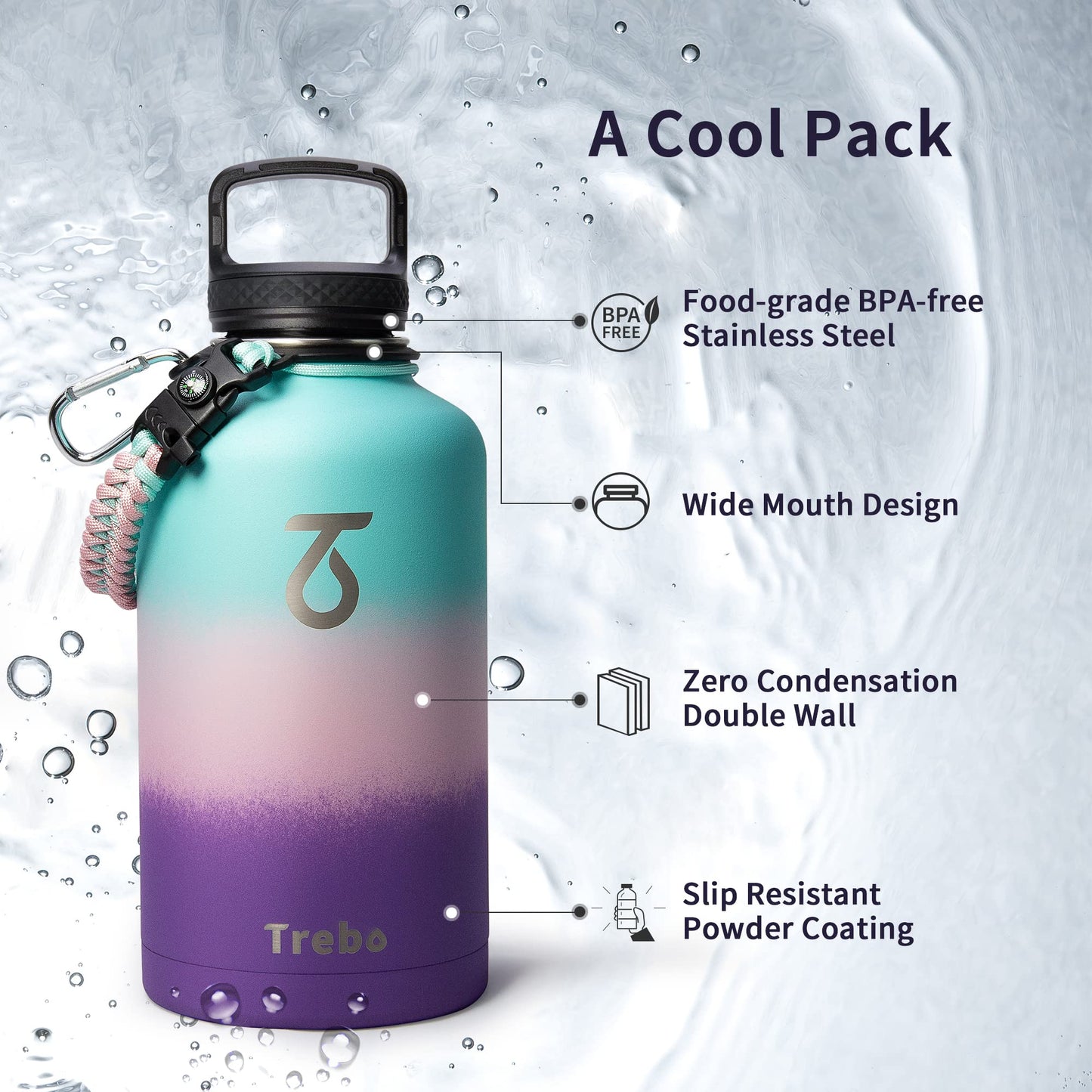 Trebo Stainless Steel Water Bottle 2L, Wide Mouth Insulated Water Bottle Double with Paracord Handle Sports Bottle Keep Cold 48 Hours Water Jug with 3