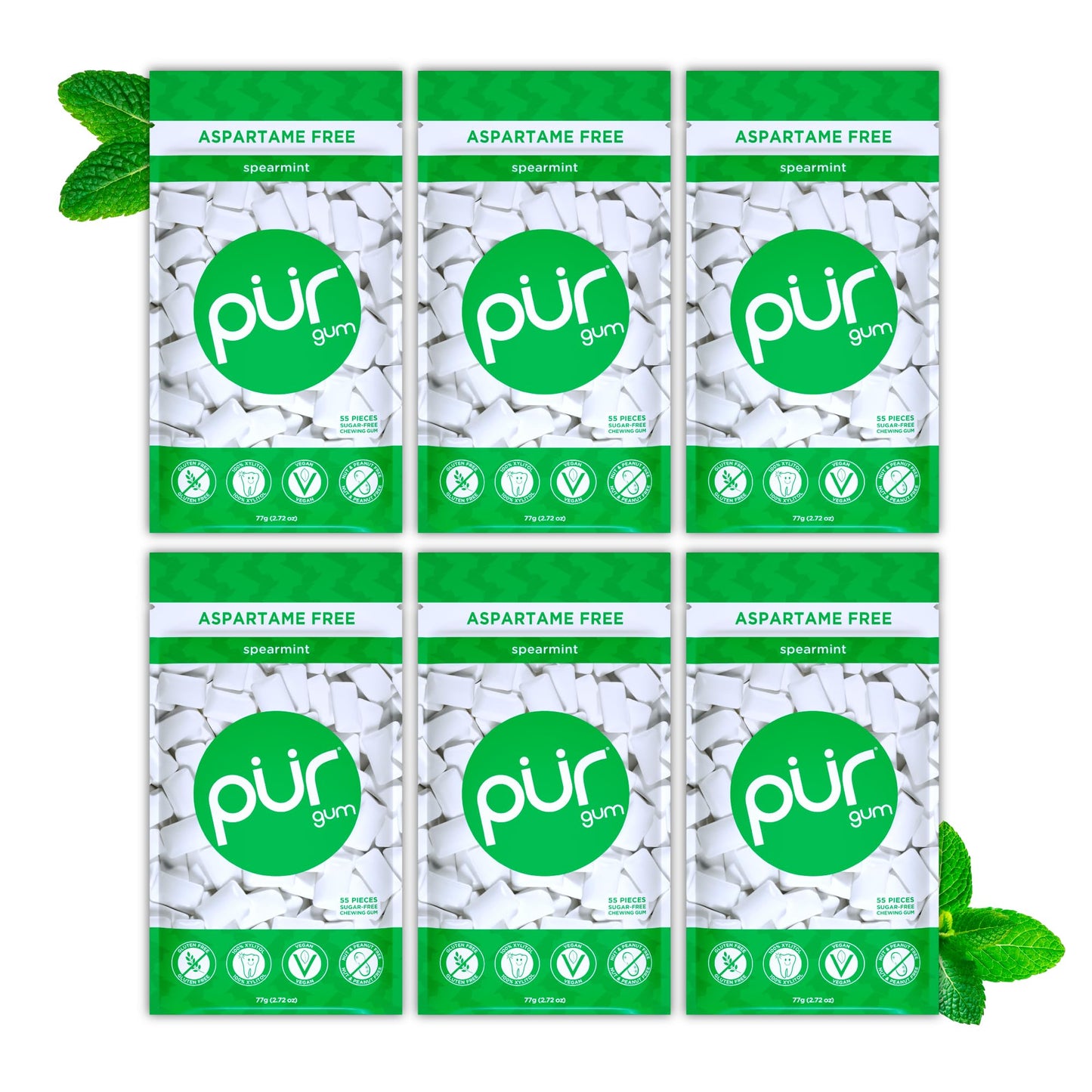 PUR Gum | Sugar Free Chewing Gum | Made with Xylitol | Vegan, Aspartame Free, Gluten Free and Keto Friendly | Natural Spearmint Flavoured Gum, 55
