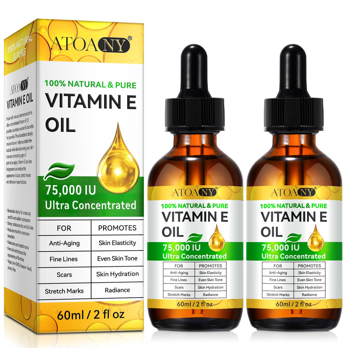 Vitamin E Oil 75,000 IU 2 Pack - 100% Organic Pure Vitamin E Oil for Skin, Face, Hair, Body - Natural Antioxidant for Dryness, Wrinkles, Scars &