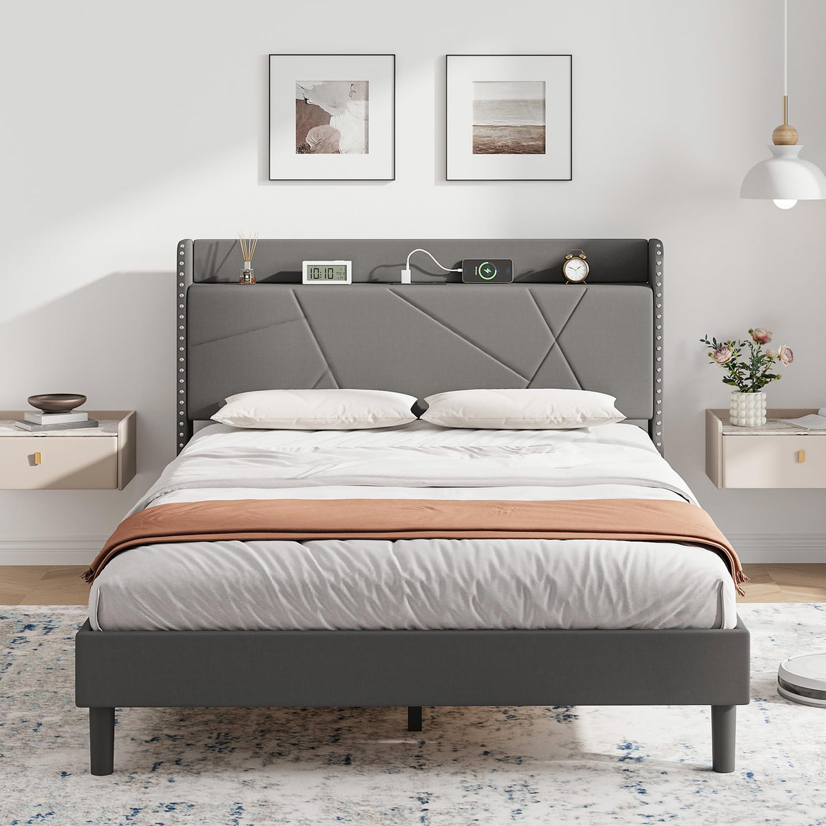 IRONCK 4ft6 Double Bed Frame with Charging Station, Bed Frame Double with Upholstered Storage Headboard, Sturdy Wooden Slat Support