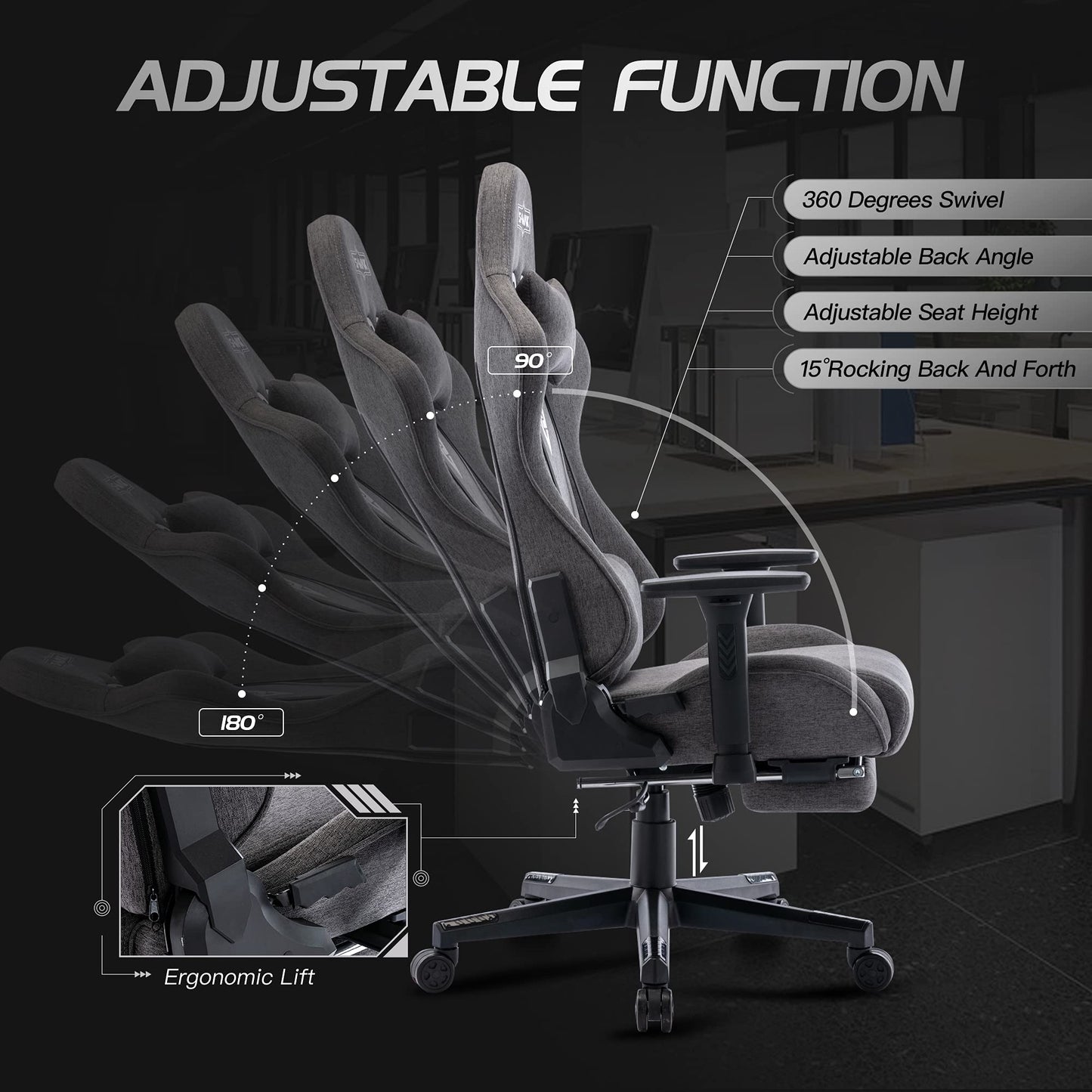 S*MAX Gaming Chair with Footrest Fabric Thicken Seat Ergonomic Gaming Chairs with 3D Armrest Breathable Fabric Headrest Lumbar Support Racing Style