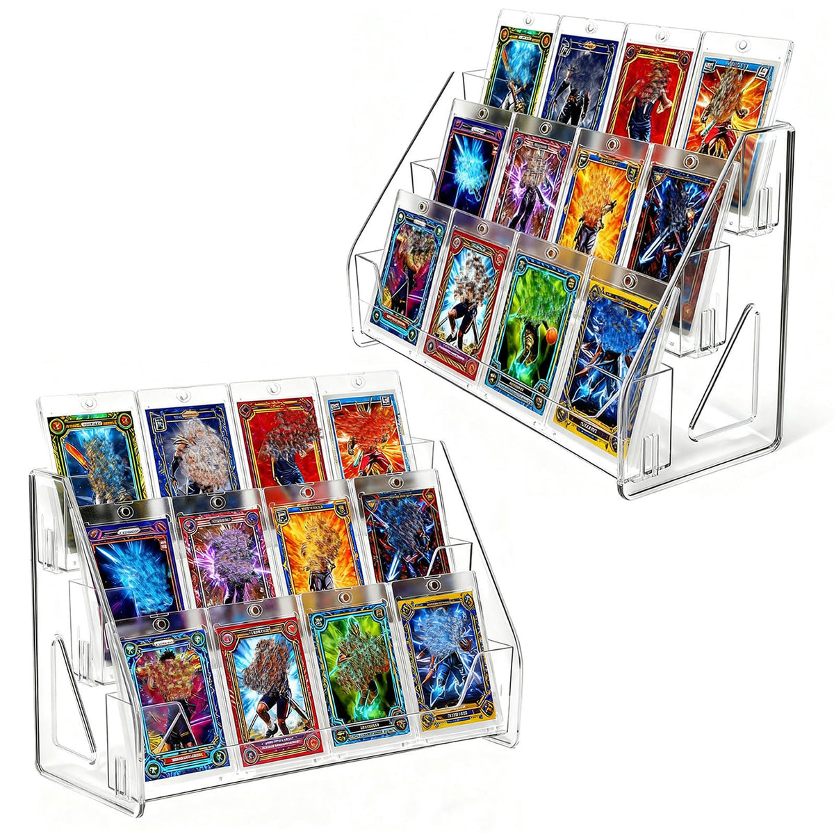 Oncpcare 2 Pack 3-Tier Clear Card Display Stands – Vertical Riser Shelf Rack for Trading Sports Postcards and Collectible Card Holders