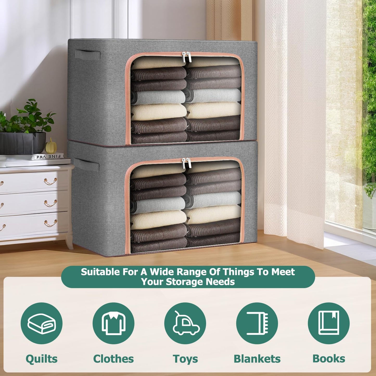 OurLeeme Clothes Storage Bags 3 Pack Foldable Storage Box 24L Wardrobe Clothes Storage Organiser with Zip and Lid Organizer for Moving House Thick