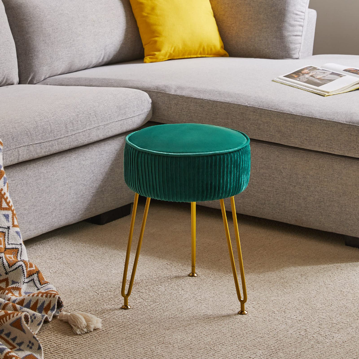 IBUYKE Makeup Vanity Stool, Velvet Round Footrest Ottoman, Green L/G-30L