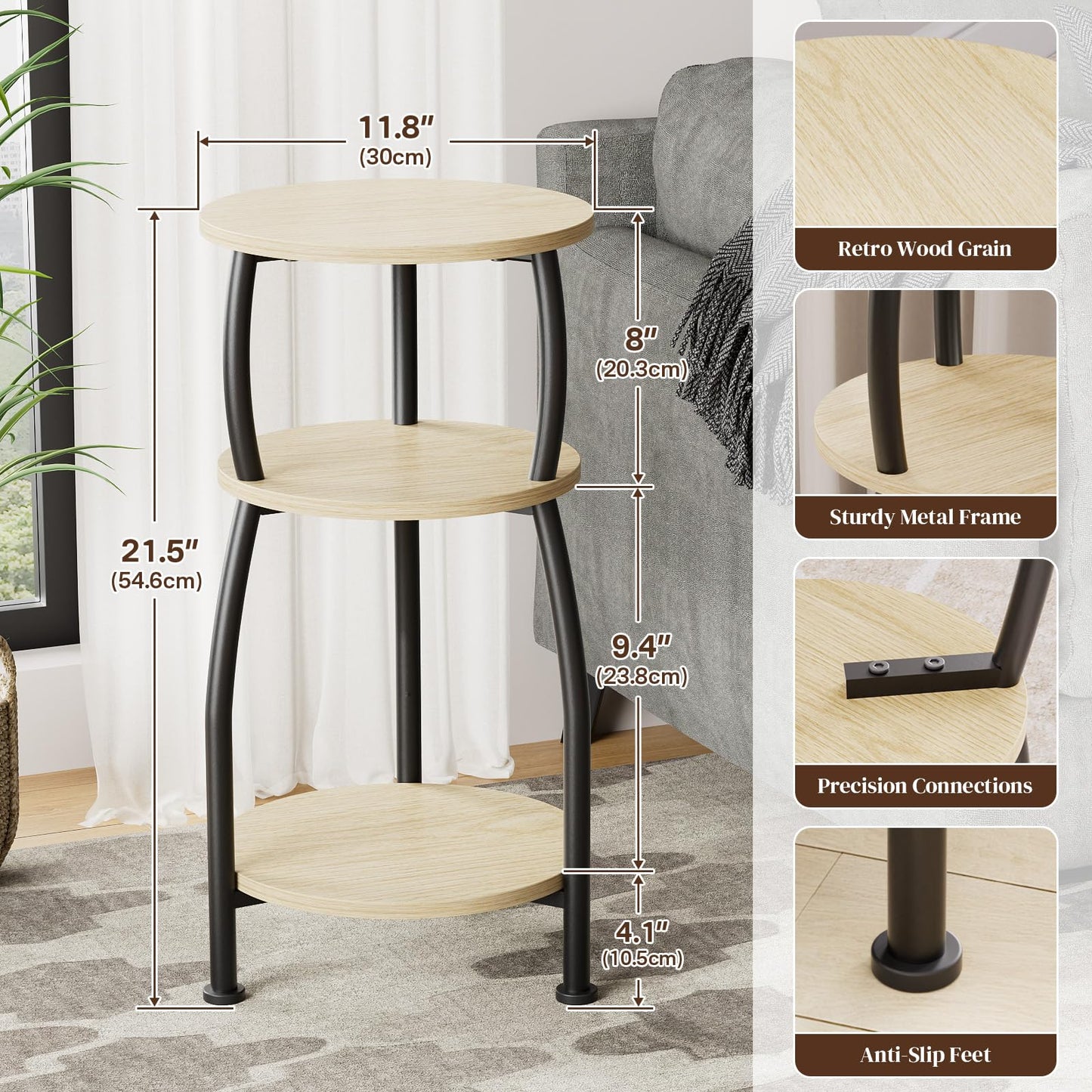 Yuede Round Side Table, 3 Tier Slim Round Coffee Table, Small End Table with Storage Shelf, Bedside Table, for Living Room, Bedroom, Small Space