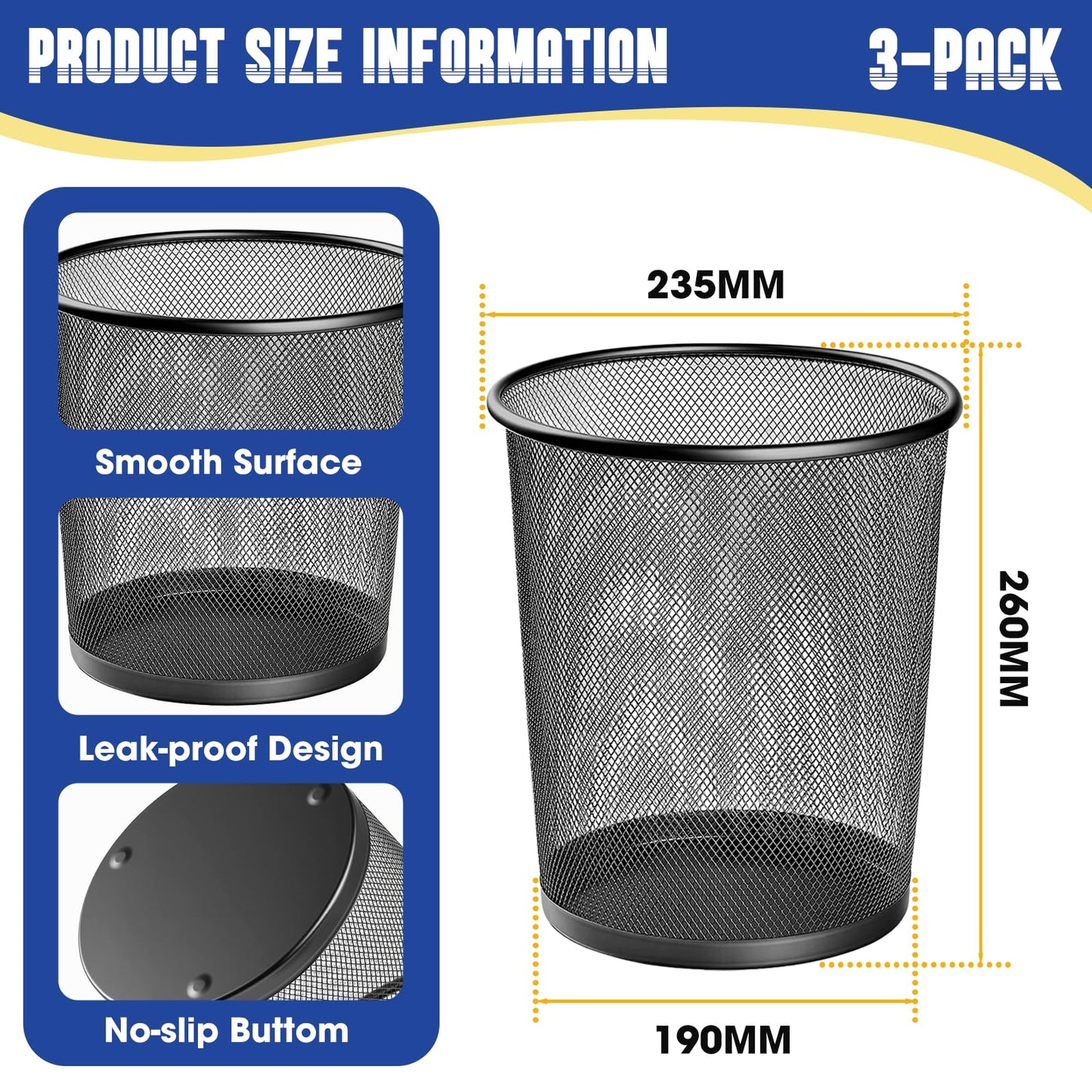 Evadow 3 Pack Mesh Waste Paper Bin 12 Litres, Metal Wire Waste Basket Lightweight Circular Trash Bin for Home Office Garbage Can Bin