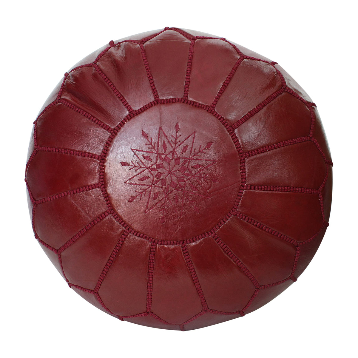 ESSENCE OF MOROCCO Moroccan Pouffe Pouf Footrest Footstool Ottoman Real Leather Burgundy Red Handmade Hand-stitched with Embroidered Marrakech Design