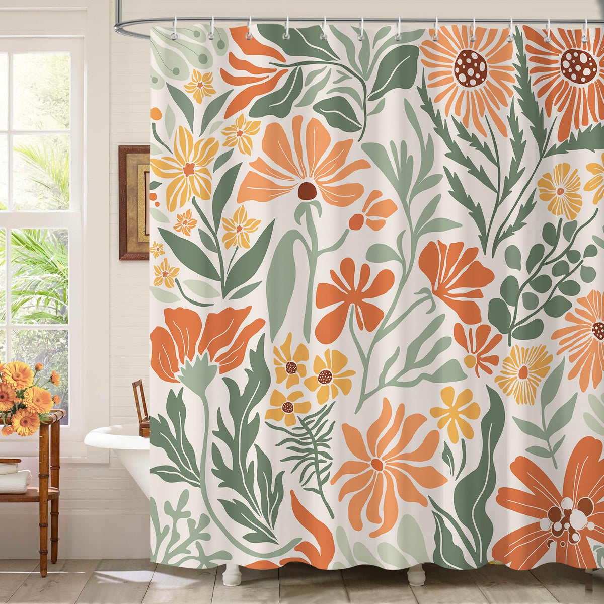 Dazzlewall Boho Floral Shower Curtain 180 x 180 cm, Orange Green Flowers Mid Century Retro Bohemian Plants Leaves Bathroom Curtain, Waterproof Mould