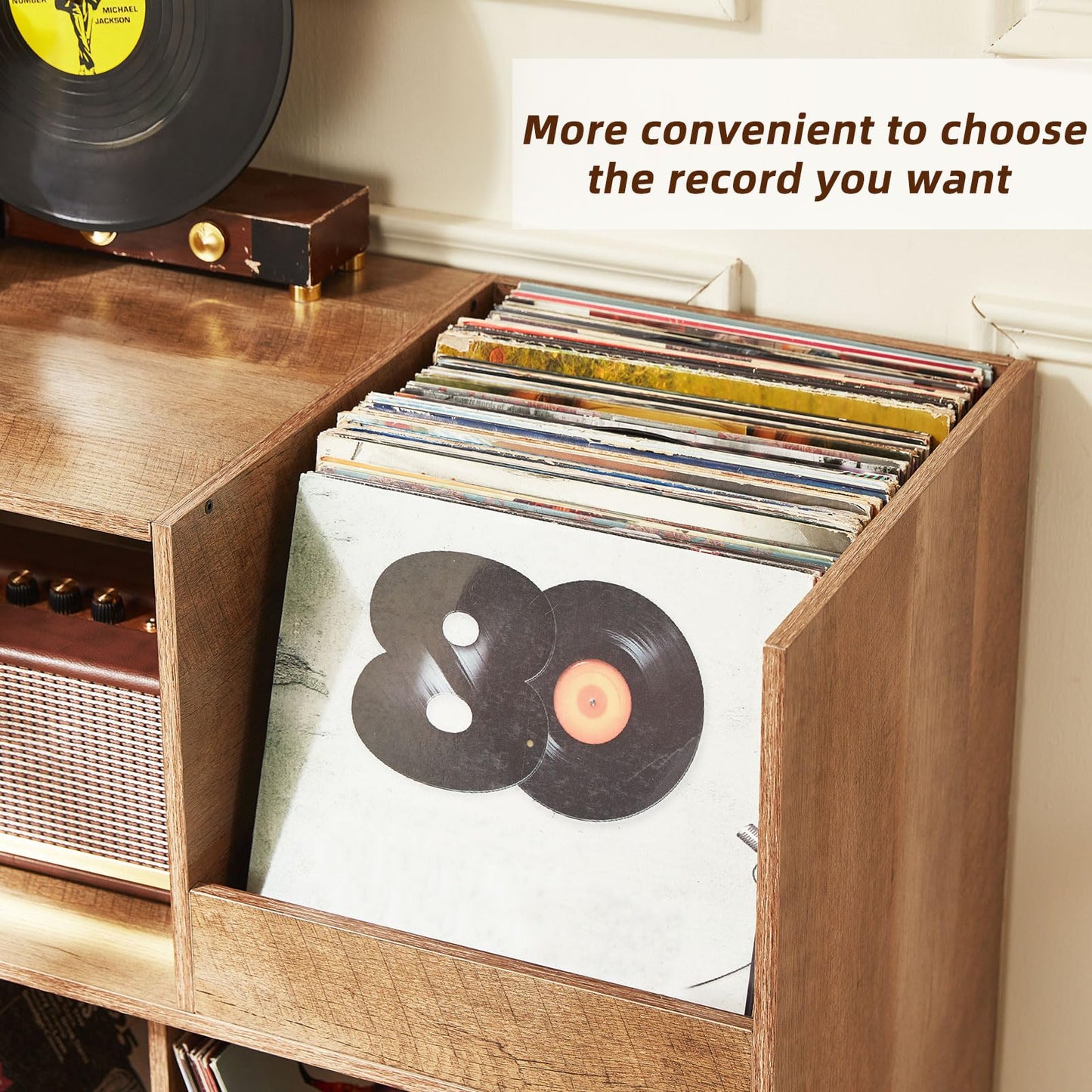 Large record stand with storage, record player stand with shelf, vinyl record holder with presentation surface, record stand for up to 300 albums