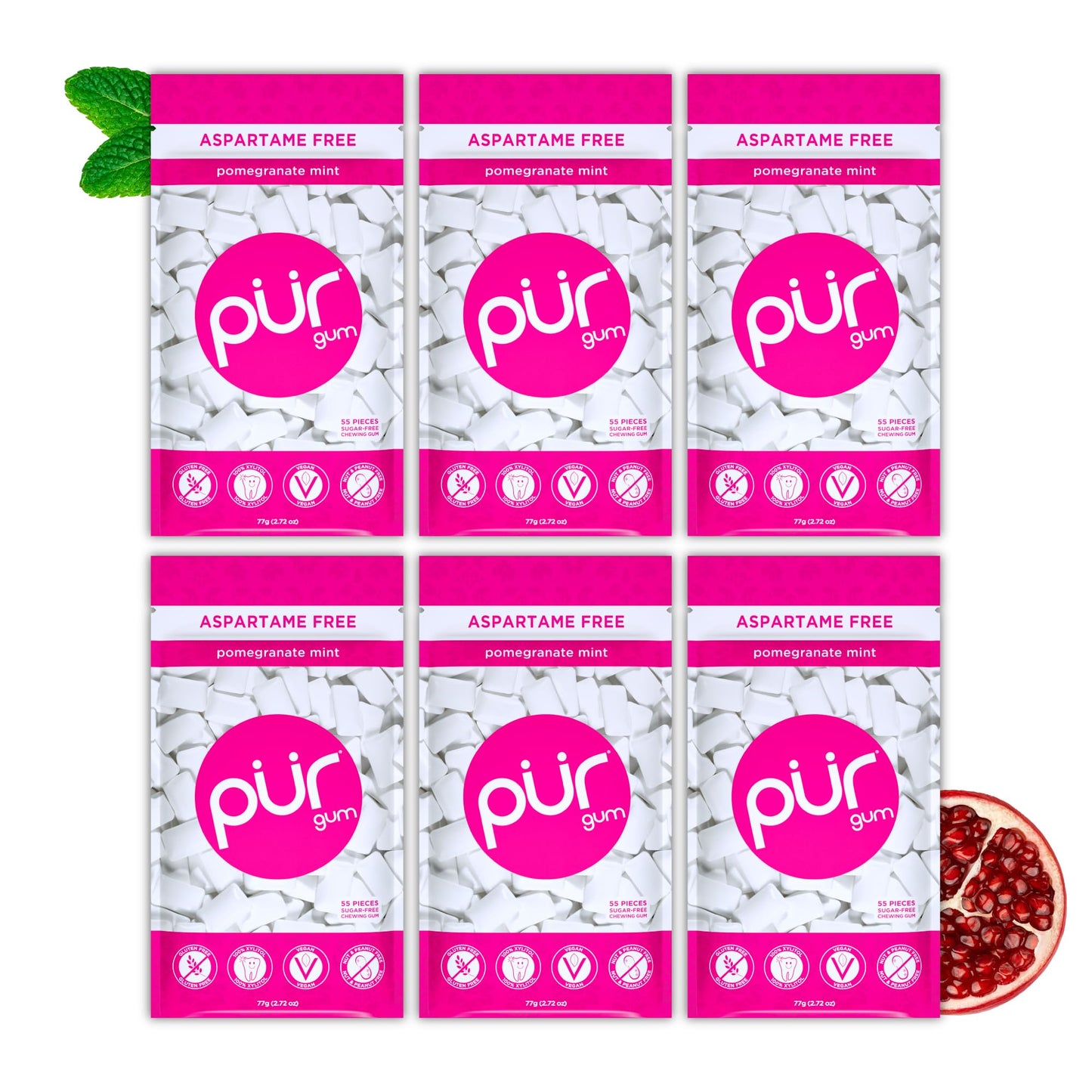 PUR Gum | Sugar Free Chewing Gum | Made with Xylitol | Vegan, Aspartame Free, Gluten Free and Keto Friendly | Natural Pomegranate Mint Flavoured Gum,