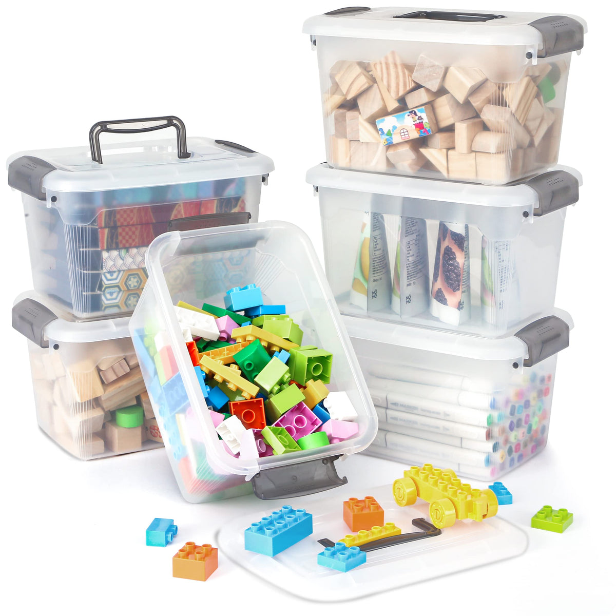 Citylife 6 Packs Plastic Storage Box with Lids Storage Boxs with Handle Clear Stackable Storage Boxes 5L, 27.8 x 19.5 x 16.4cm