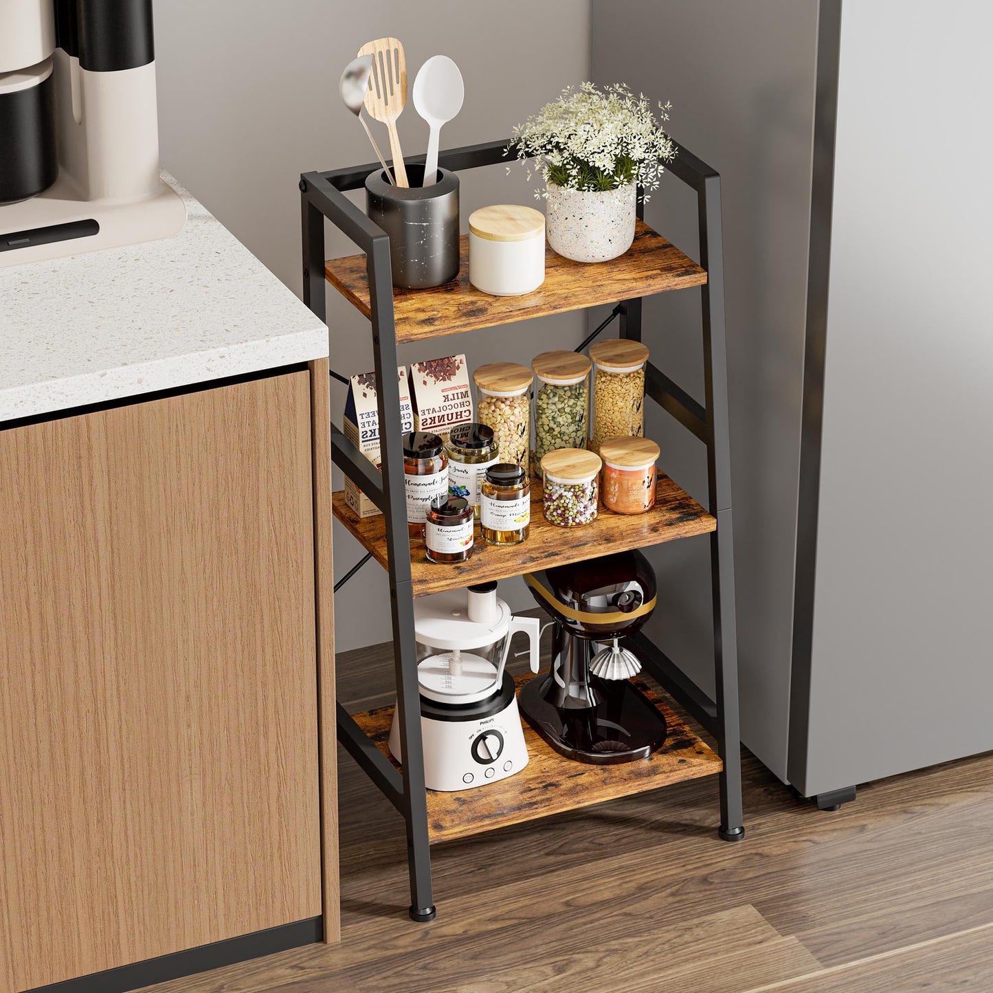 Vantimo 3-Tier Ladder Shelf, Industrial Storage Shelving Unit with Wooden Shelves & Metal Frame