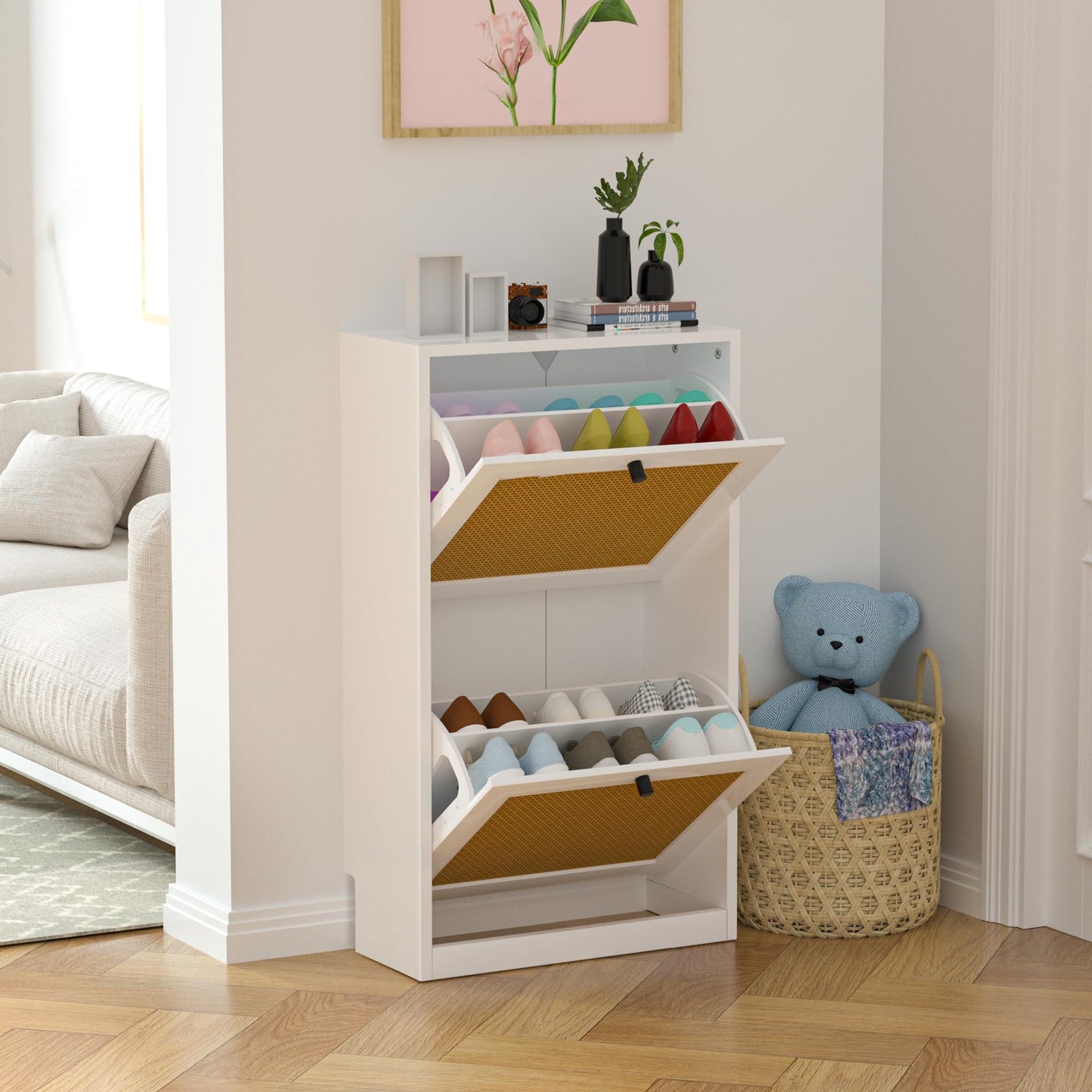 Yvsevnr Narrow Shoe Storage Cabinet Rattan Shoe Cupboards for Hallways