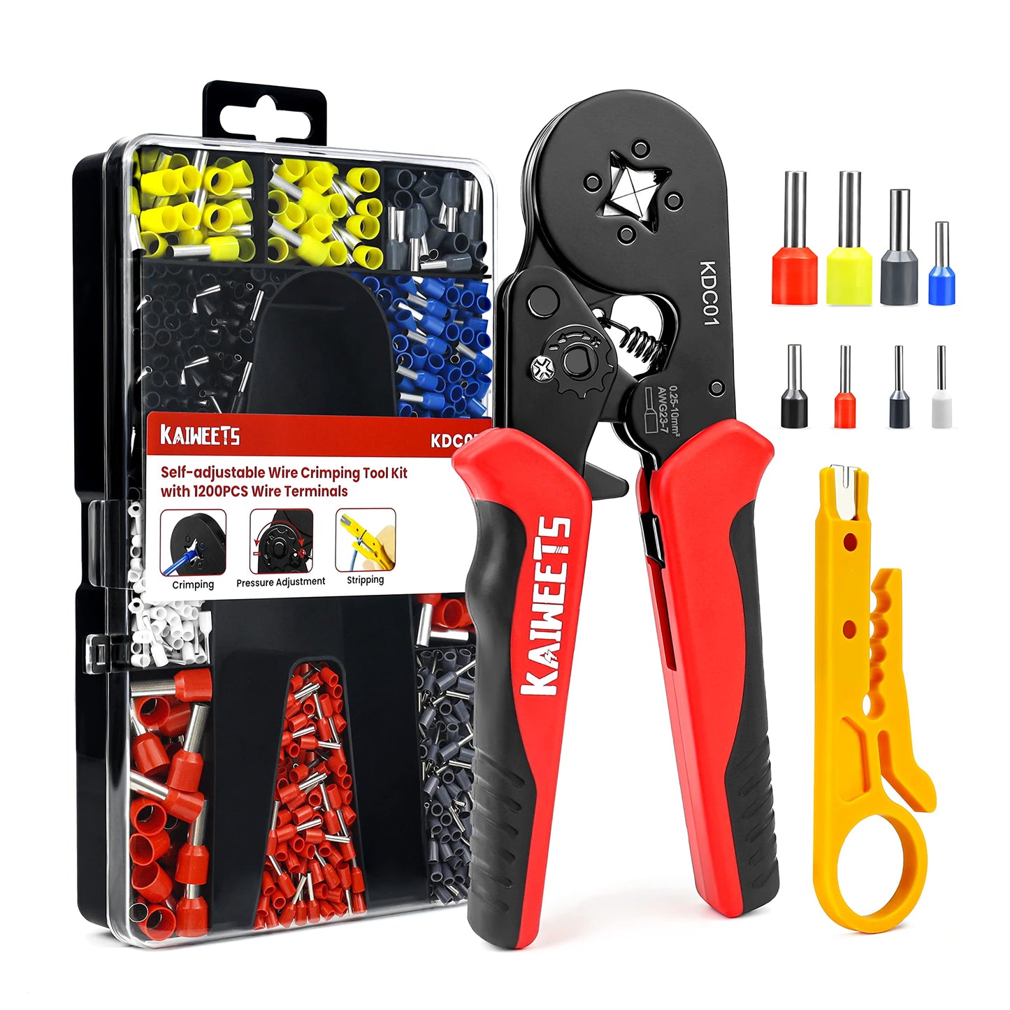 KAIWEETS Crimping Tools Set?Ferrule Crimping Tool 0.25-10 mm?(AWG 23-7) with 1200PCS Terminal Connector Sleeves?Self-Adjustable Ratchet Wire Crimping