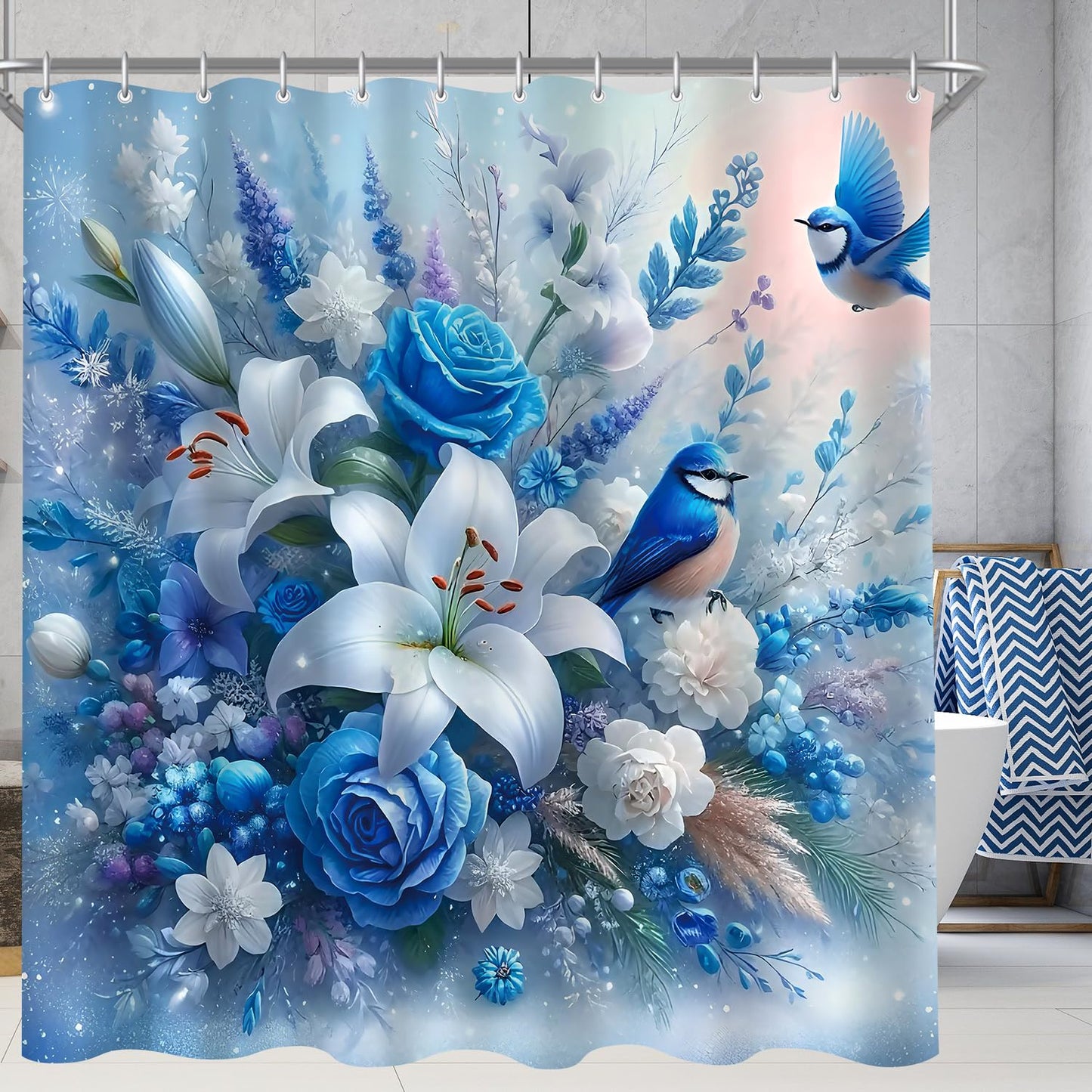 Lerores Shower Curtain, 240 x 200 cm, Blue Bird, Weighted Hem, Anti-Mould, Water-Repellent, Washable Polyester Bath Curtains with 16 Eyelets and